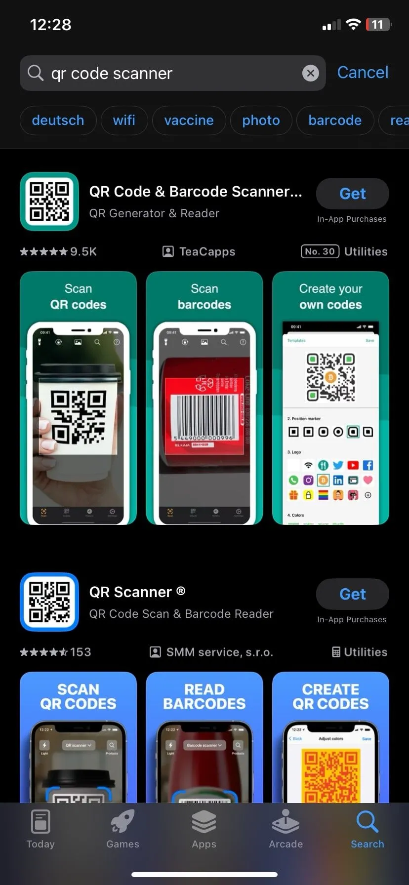 màn hình tìm kiếm ứng dụng quét mã QR trên iPhone hiển thị nhiều lựa chọn bên thứ ba