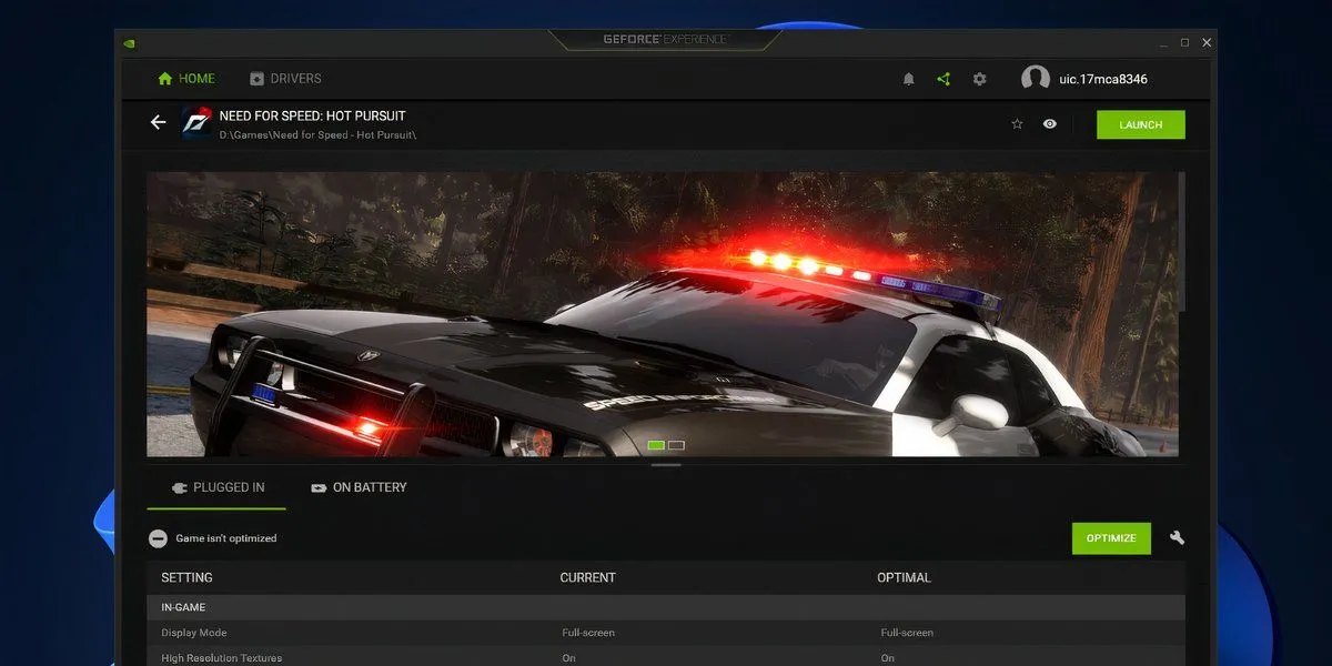 Màn hình tối ưu game trong ứng dụng NVIDIA GeForce Experience trên Windows 11, hiển thị cài đặt được đề xuất cho trò chơi.