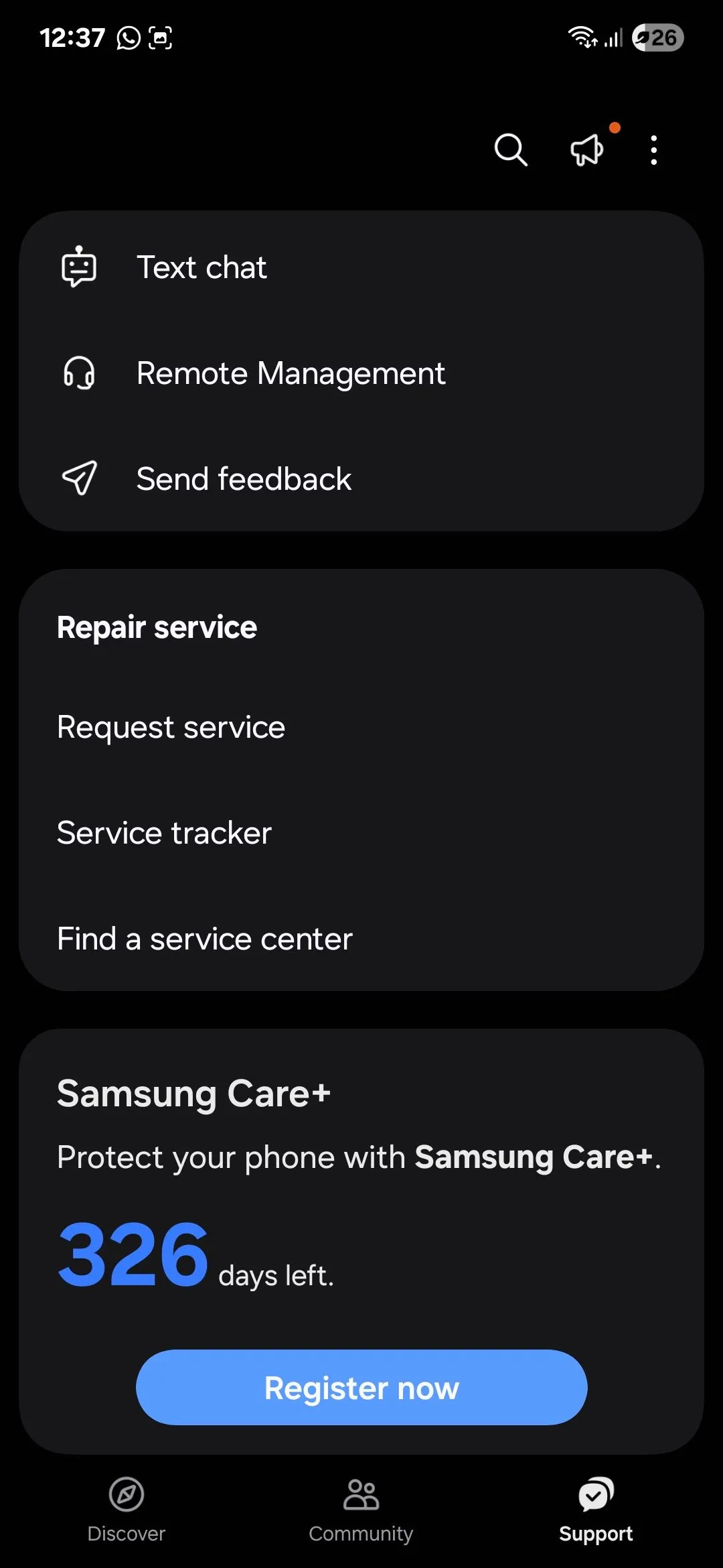 Màn hình trang hỗ trợ trong ứng dụng Samsung Members, hiển thị các tùy chọn chẩn đoán và trợ giúp