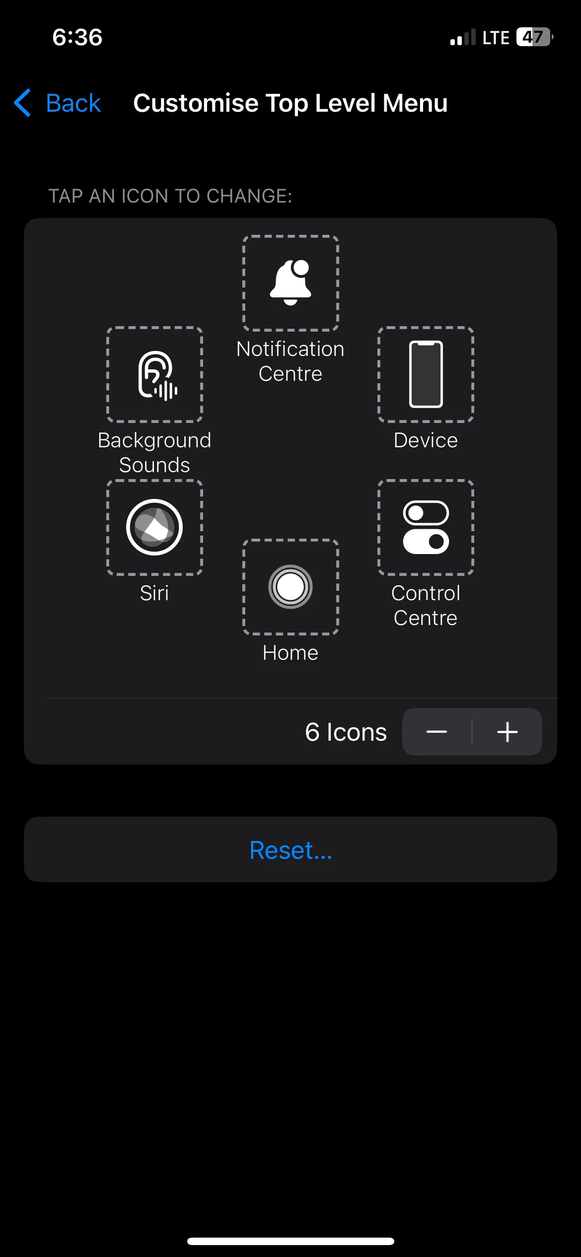 Màn hình tùy chỉnh các biểu tượng trong menu AssistiveTouch trên iPhone.