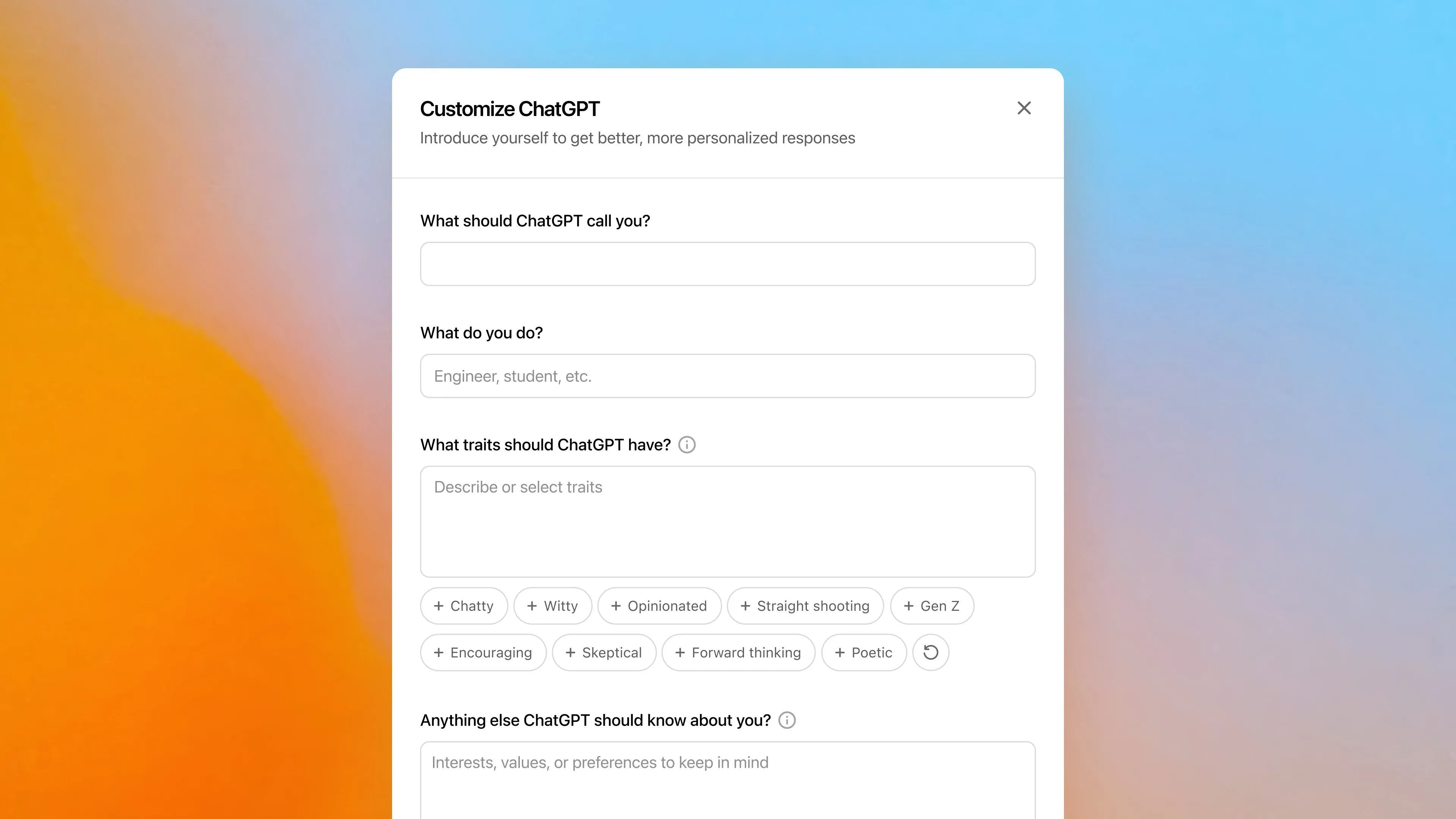 Màn hình tùy chỉnh Custom Instructions của ChatGPT trên phiên bản web, cho phép người dùng thiết lập giọng văn và thông tin cá nhân cho AI.