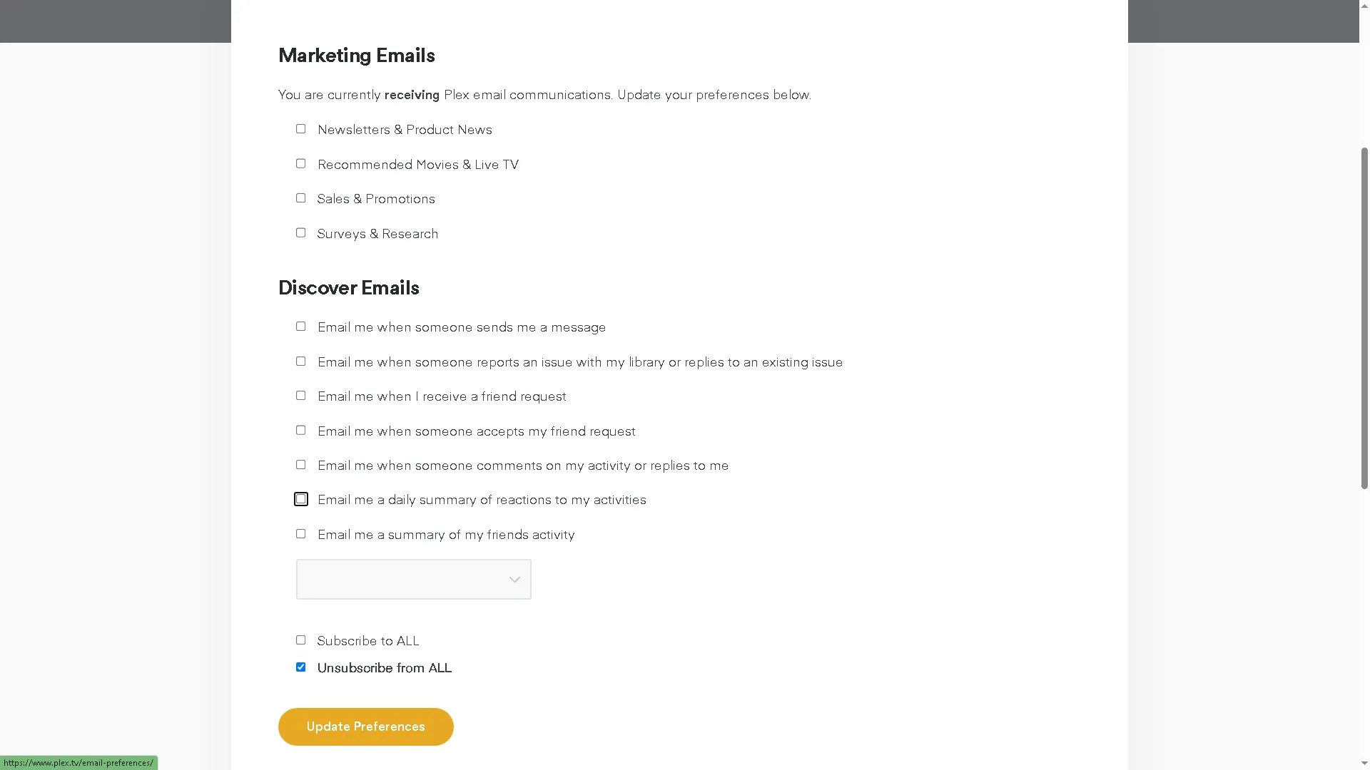 Màn hình tùy chỉnh email marketing của Plex, hiển thị các lựa chọn để ngừng nhận thư quảng cáo
