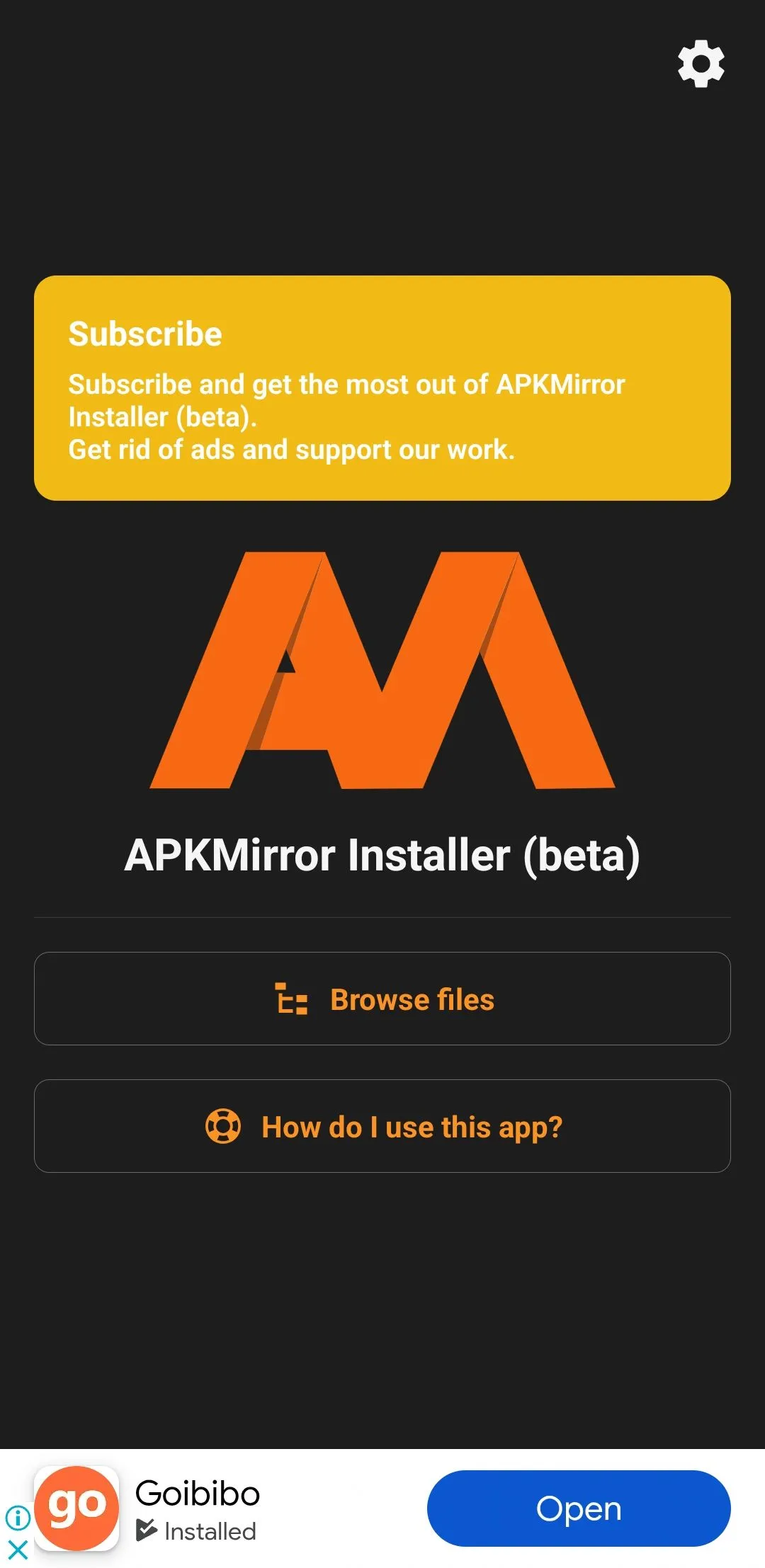 Màn hình ứng dụng APKMirror Installer trên điện thoại Android, hỗ trợ cài đặt tệp APK