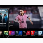 Màn hình ứng dụng Apple TV+ trên điện thoại Android hiển thị các bộ phim nổi bật như Ted Lasso và Severance, minh họa khả năng truy cập nội dung Apple trên thiết bị Android.