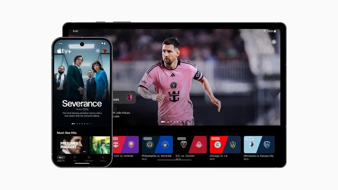 Màn hình ứng dụng Apple TV+ trên điện thoại Android hiển thị các bộ phim nổi bật như Ted Lasso và Severance, minh họa khả năng truy cập nội dung Apple trên thiết bị Android.