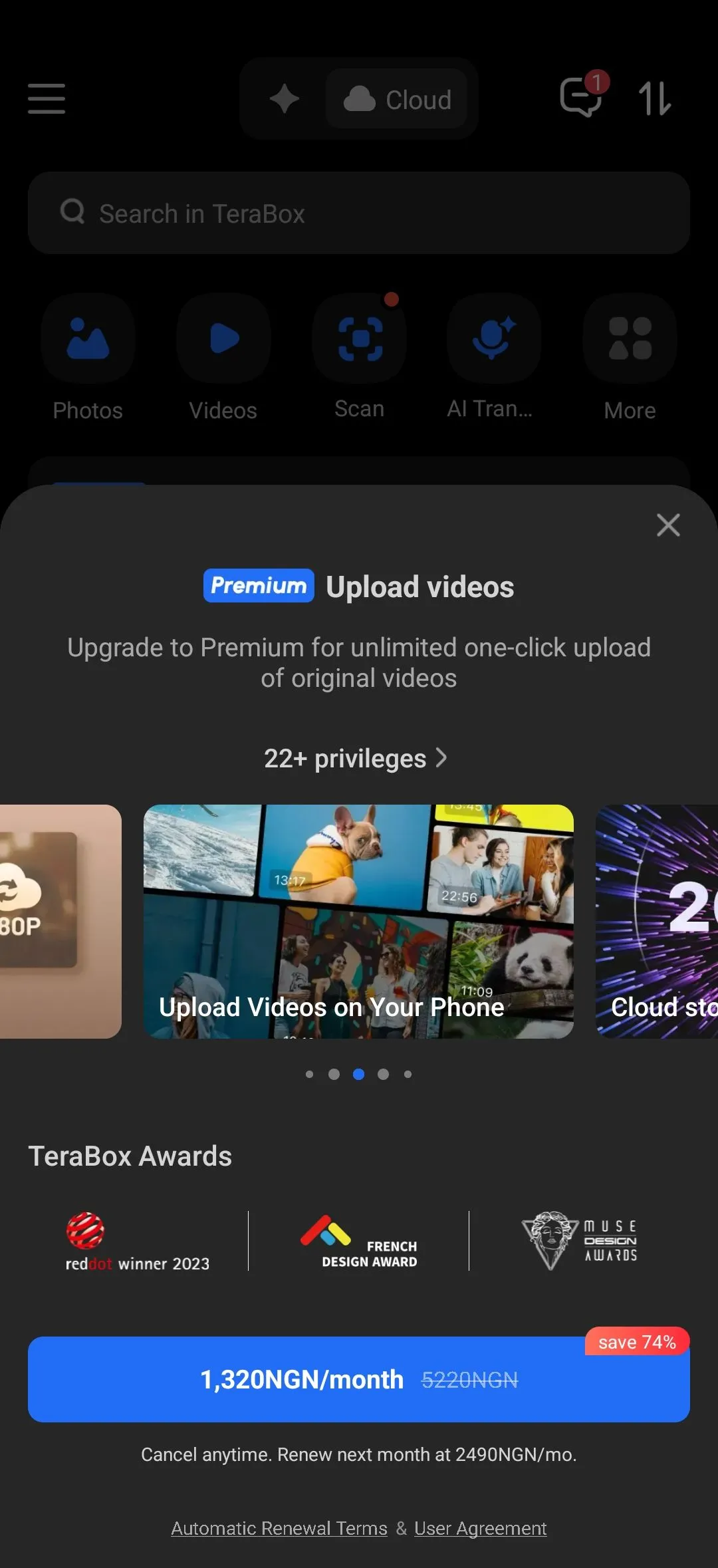 Màn hình ứng dụng di động TeraBox hiển thị thông báo hạn chế tải lên video cho người dùng miễn phí, làm giảm trải nghiệm lưu trữ.