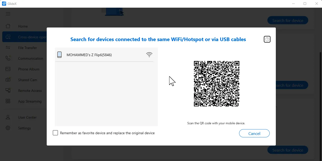 Màn hình ứng dụng GlideX trên Windows 11 hiển thị thiết bị Samsung Galaxy đã được phát hiện, sẵn sàng để kết nối mở rộng màn hình.