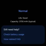 Màn hình ứng dụng Samsung Members hiển thị trạng thái pin trên điện thoại Galaxy, minh họa cách kiểm tra sức khỏe pin.