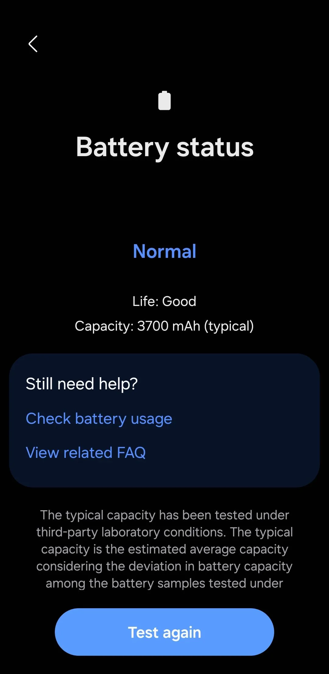 Màn hình ứng dụng Samsung Members hiển thị trạng thái pin trên điện thoại Galaxy, minh họa cách kiểm tra sức khỏe pin.