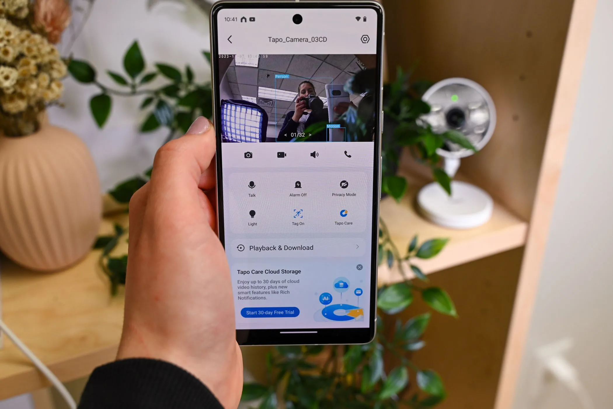 Màn hình ứng dụng Tapo Camera an ninh trên điện thoại Android, minh họa việc tái sử dụng điện thoại cũ làm camera giám sát.