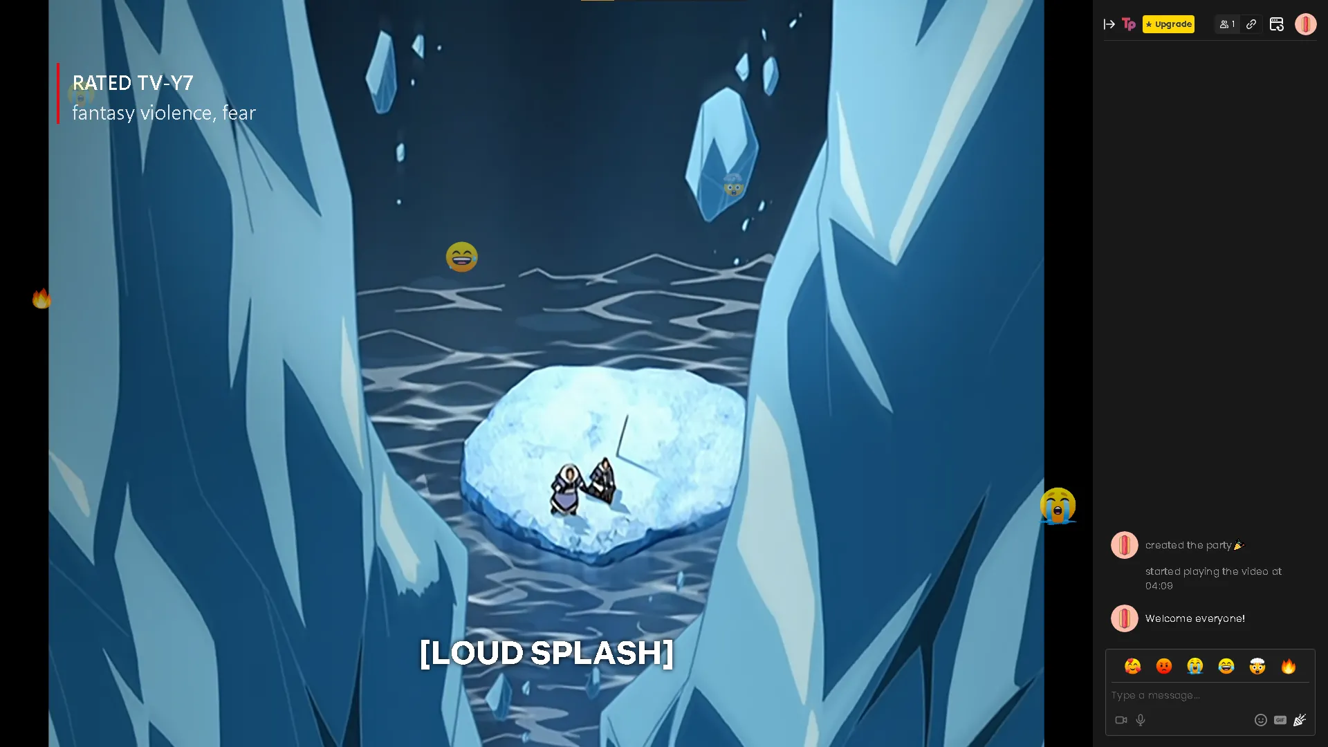 Màn hình xem phim chung Teleparty đang phát Avatar The Last Airbender, với khung chat bên phải hiển thị tin nhắn và biểu tượng cảm xúc, cùng danh sách thành viên tham gia.