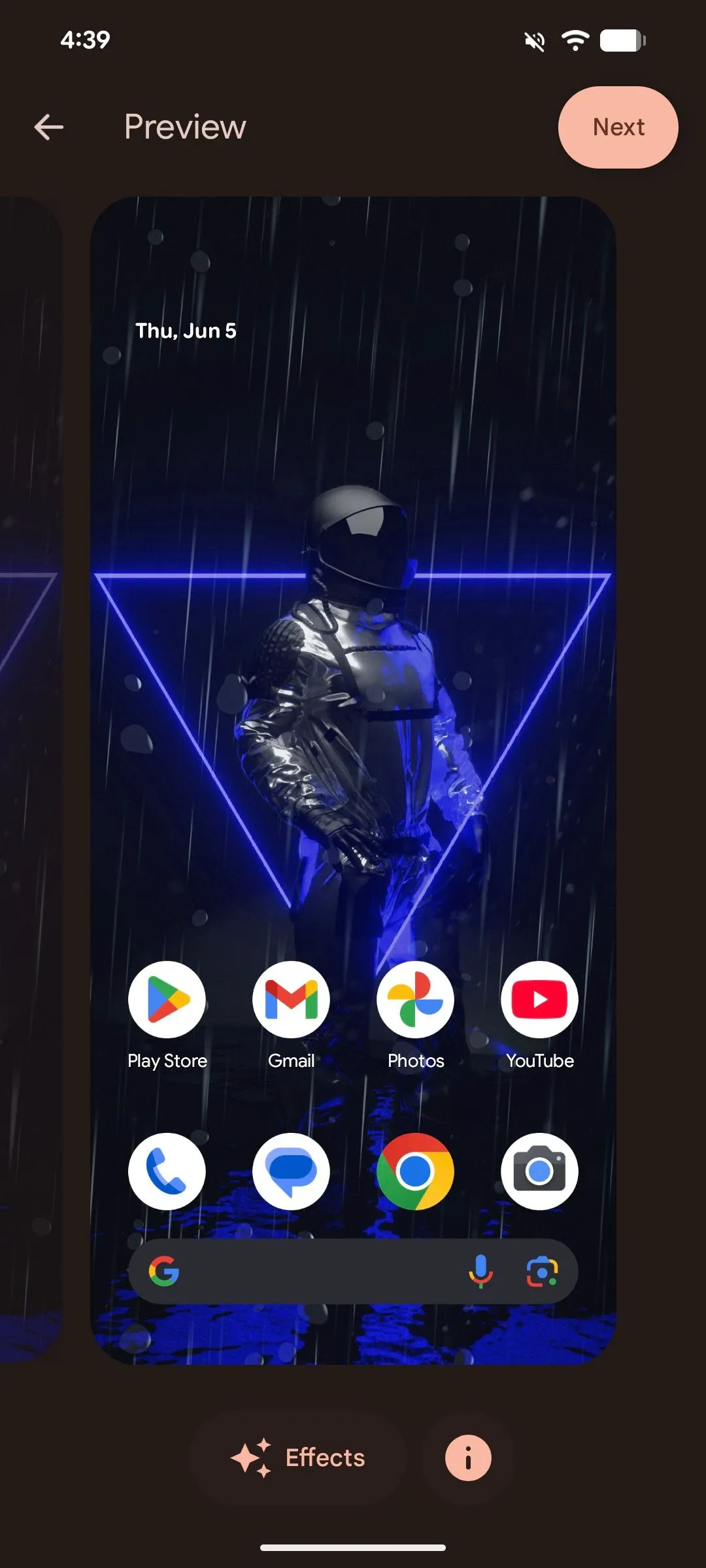 Màn hình xem trước cuối cùng của hình nền đã được áp dụng hiệu ứng trên Android 16 trước khi thiết lập.