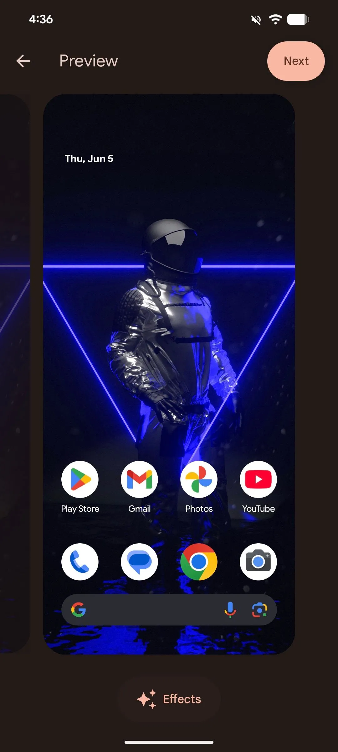 Màn hình xem trước hình nền trên Android 16 với nút &quot;Hiệu ứng&quot; được chọn, mở ra các tùy chọn tùy chỉnh nâng cao.