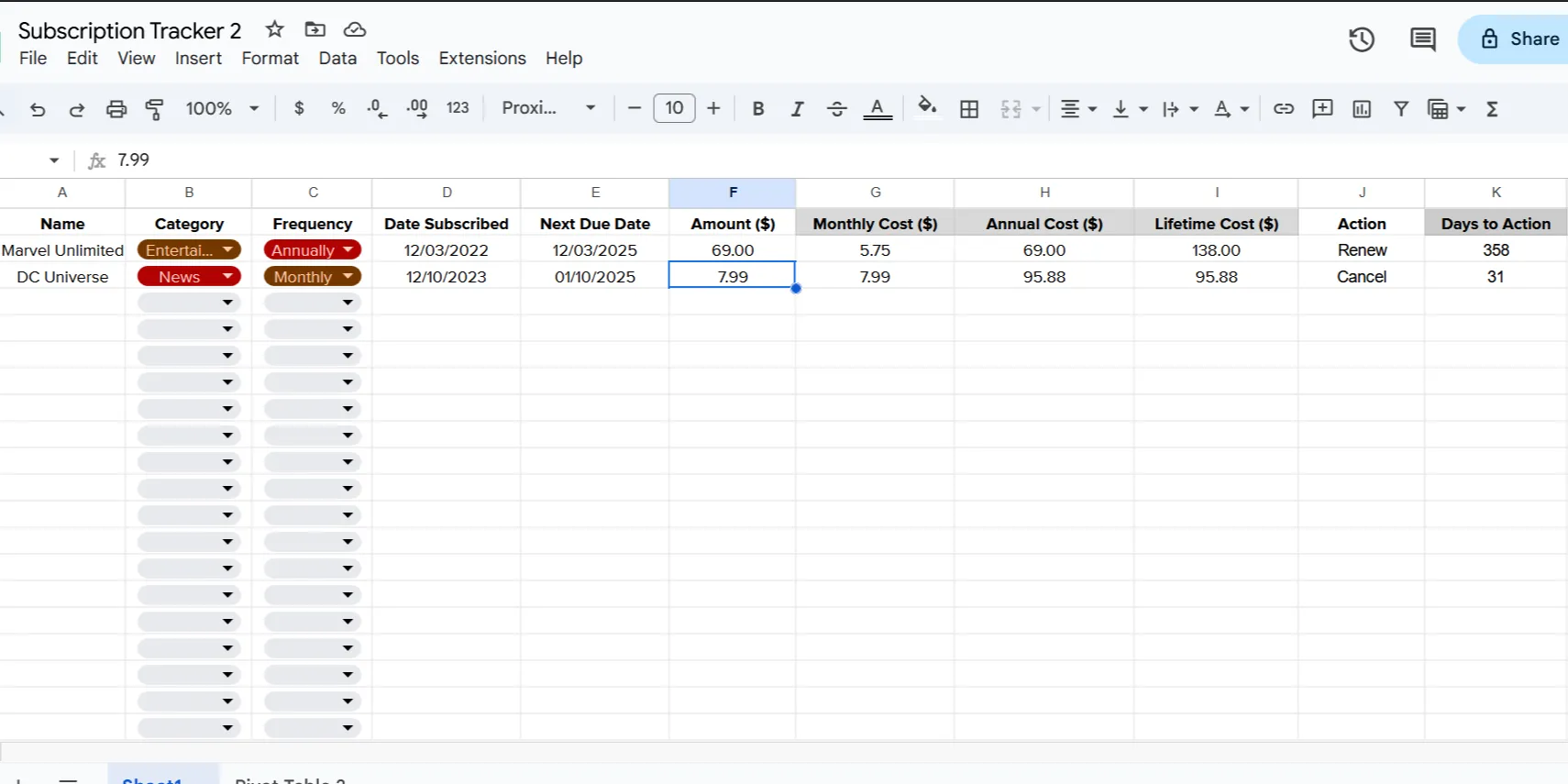 Mẫu bảng theo dõi đăng ký dịch vụ nâng cao trong Google Sheets hiển thị các cột bổ sung như Ngày Đến Hạn Kế Tiếp và Số Ngày Đến Hạn, giúp người dùng dễ dàng quản lý chi phí hàng tháng.