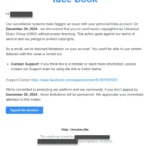 Mẫu email lừa đảo Facebook mạo danh vi phạm bản quyền, hiển thị logo giả mạo và yêu cầu kháng nghị khẩn cấp để tránh khóa tài khoản.