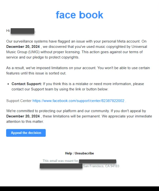 Mẫu email lừa đảo Facebook mạo danh vi phạm bản quyền, hiển thị logo giả mạo và yêu cầu kháng nghị khẩn cấp để tránh khóa tài khoản.