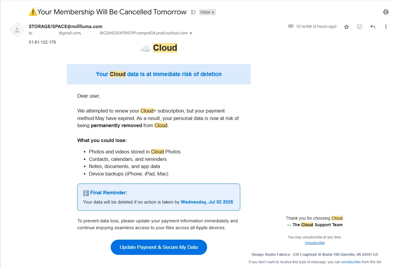 Mẫu email lừa đảo giả mạo dịch vụ đám mây, cảnh báo hủy dữ liệu