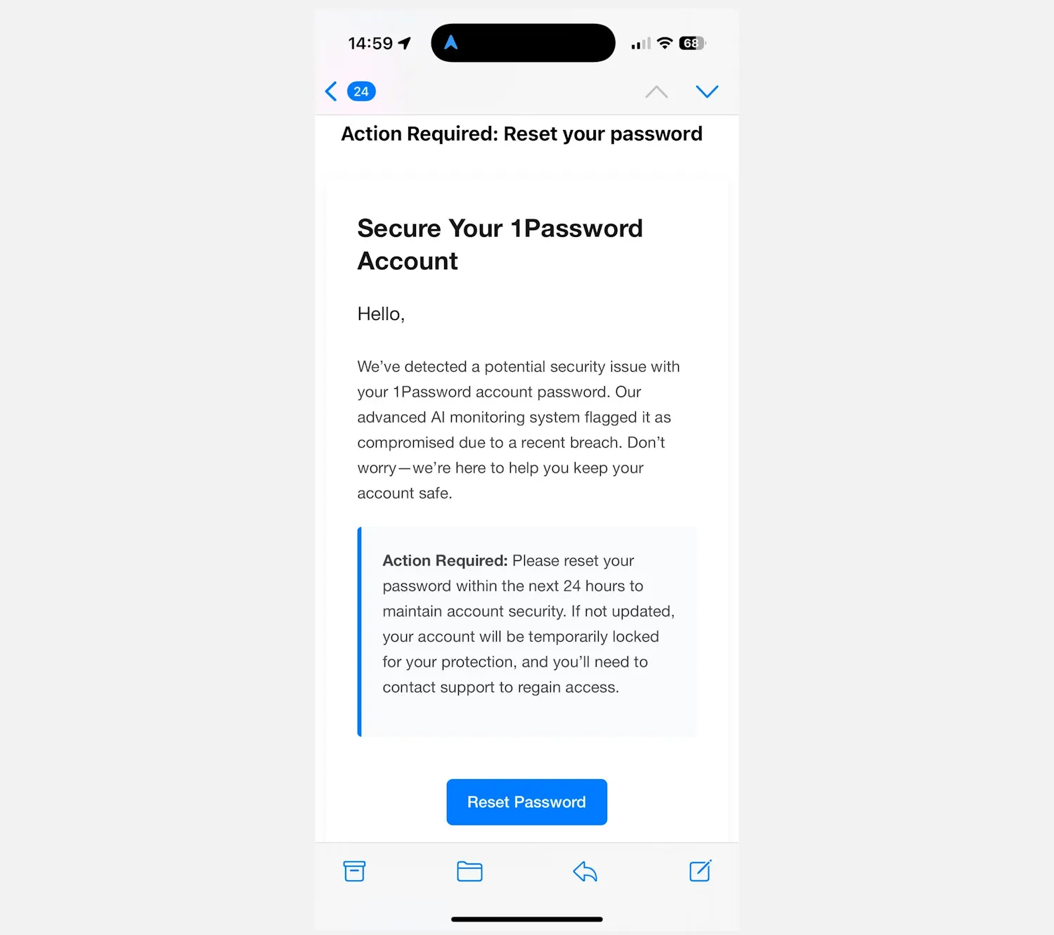 Mẫu email lừa đảo tinh vi nhắm mục tiêu người dùng 1Password để đánh cắp mật khẩu chính