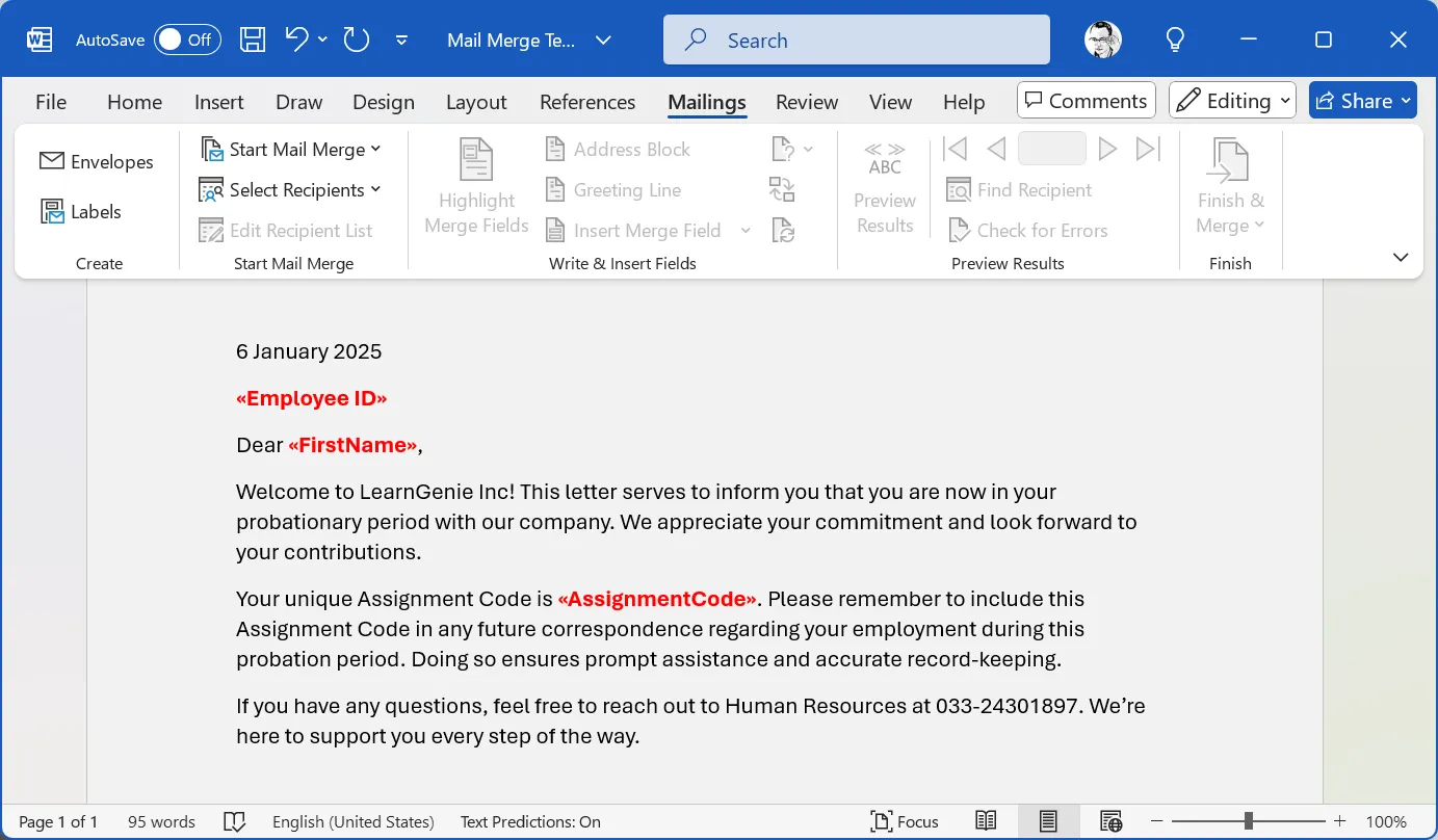 Mẫu email trong Microsoft Word với các trường trộn thư (merge fields) như FirstName và Company để cá nhân hóa nội dung