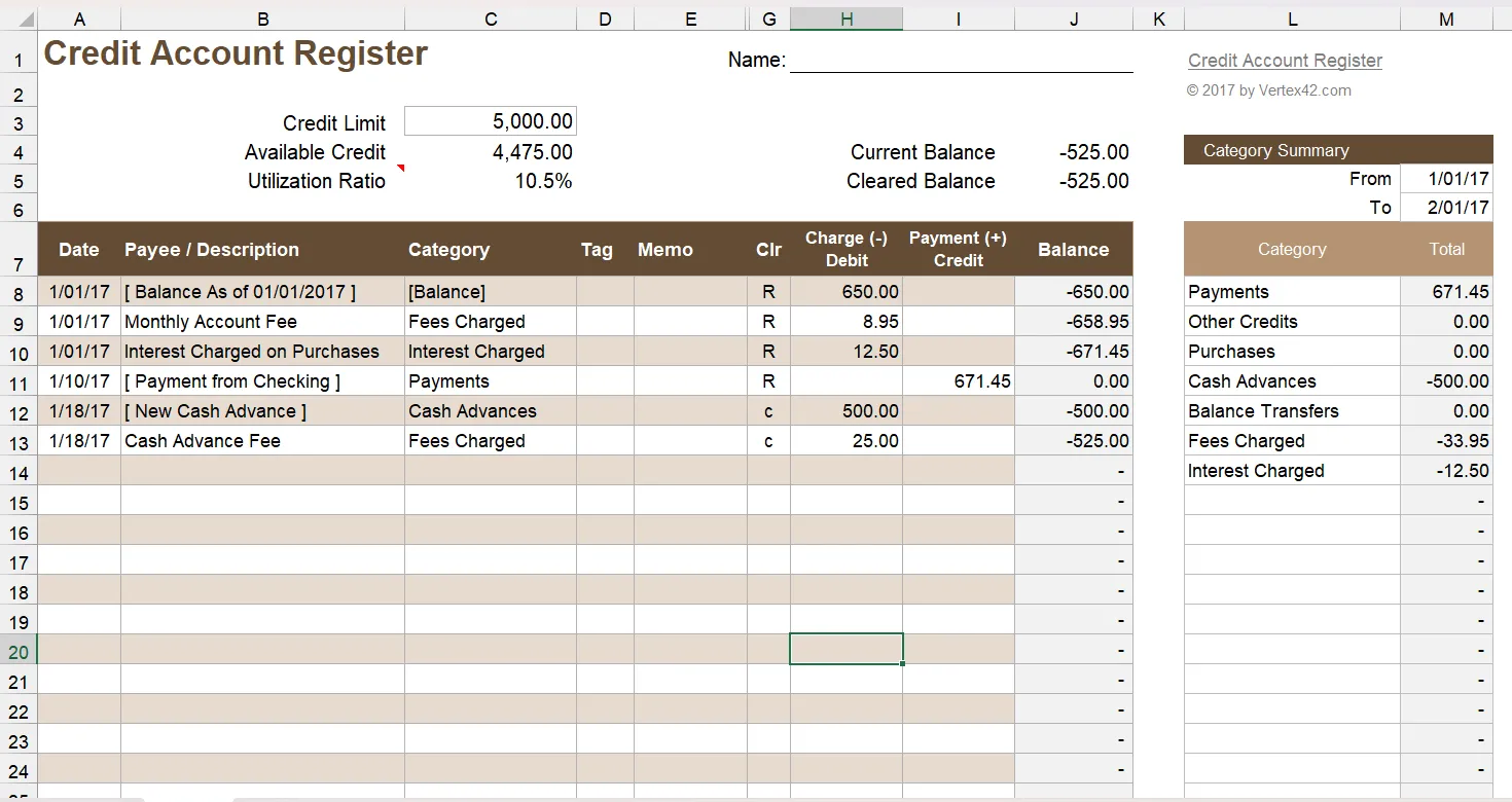 Mẫu Sổ Đăng Ký Tài Khoản Tín Dụng trong Excel để theo dõi giao dịch