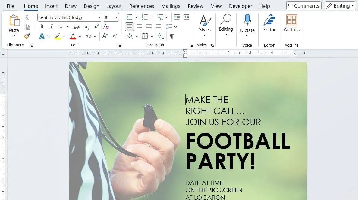 Mẫu thiết kế flyer mời tiệc bóng đá được tạo trong Microsoft Word