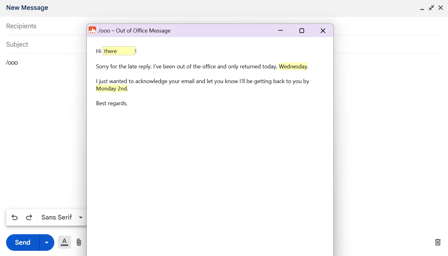 Mẫu trả lời tự động 'Out of Office' (Vắng mặt) trong Gmail được tạo bằng Text Blaze với các trường điền tùy chỉnh