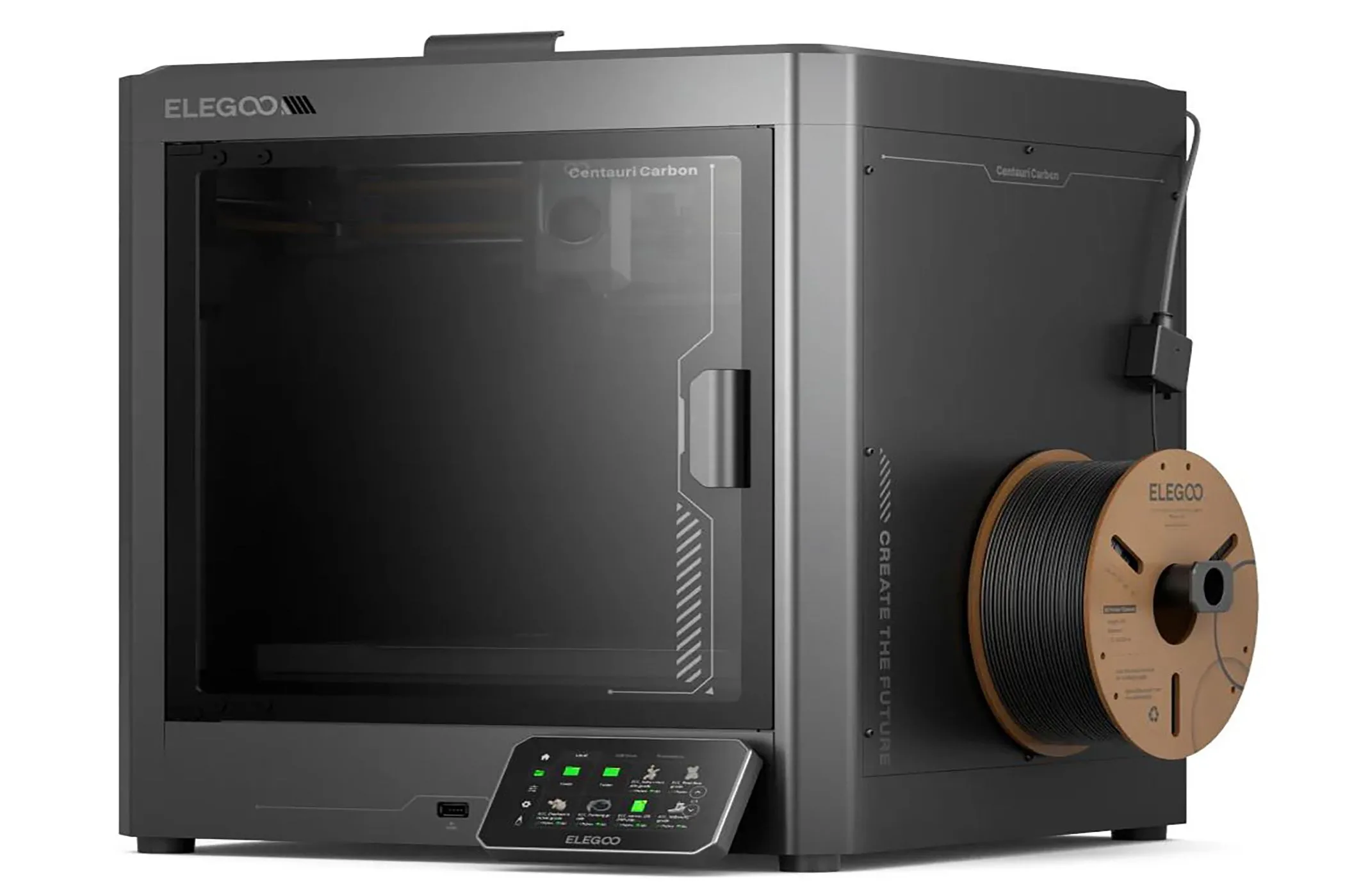 Máy in 3D Elegoo Centauri Carbon nhìn từ cạnh bên, minh họa thiết kế hiện đại và gọn gàng