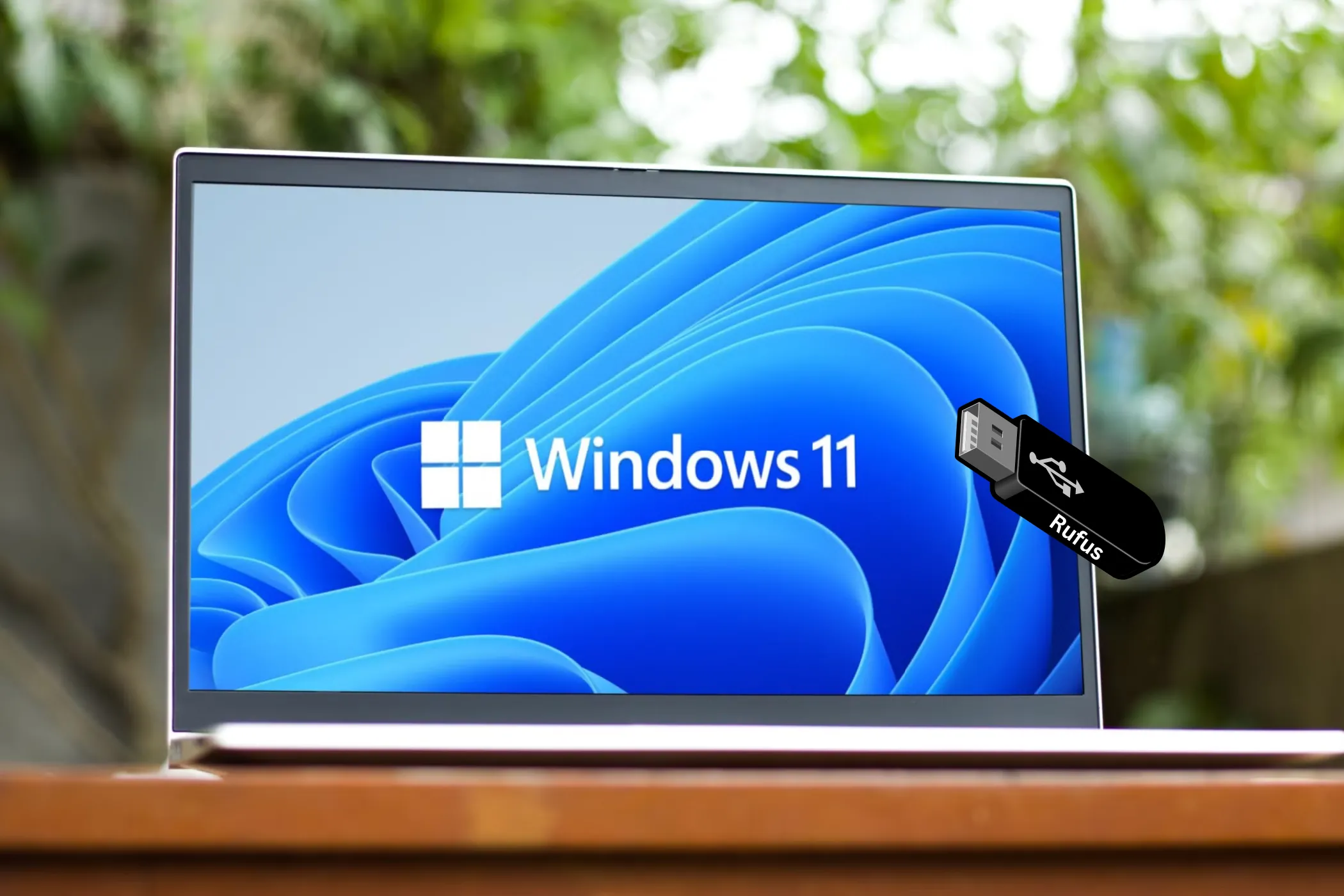 Máy tính xách tay hiển thị logo Windows 11 cùng biểu tượng USB Rufus - Giải pháp cài đặt Win 11 không tương thích