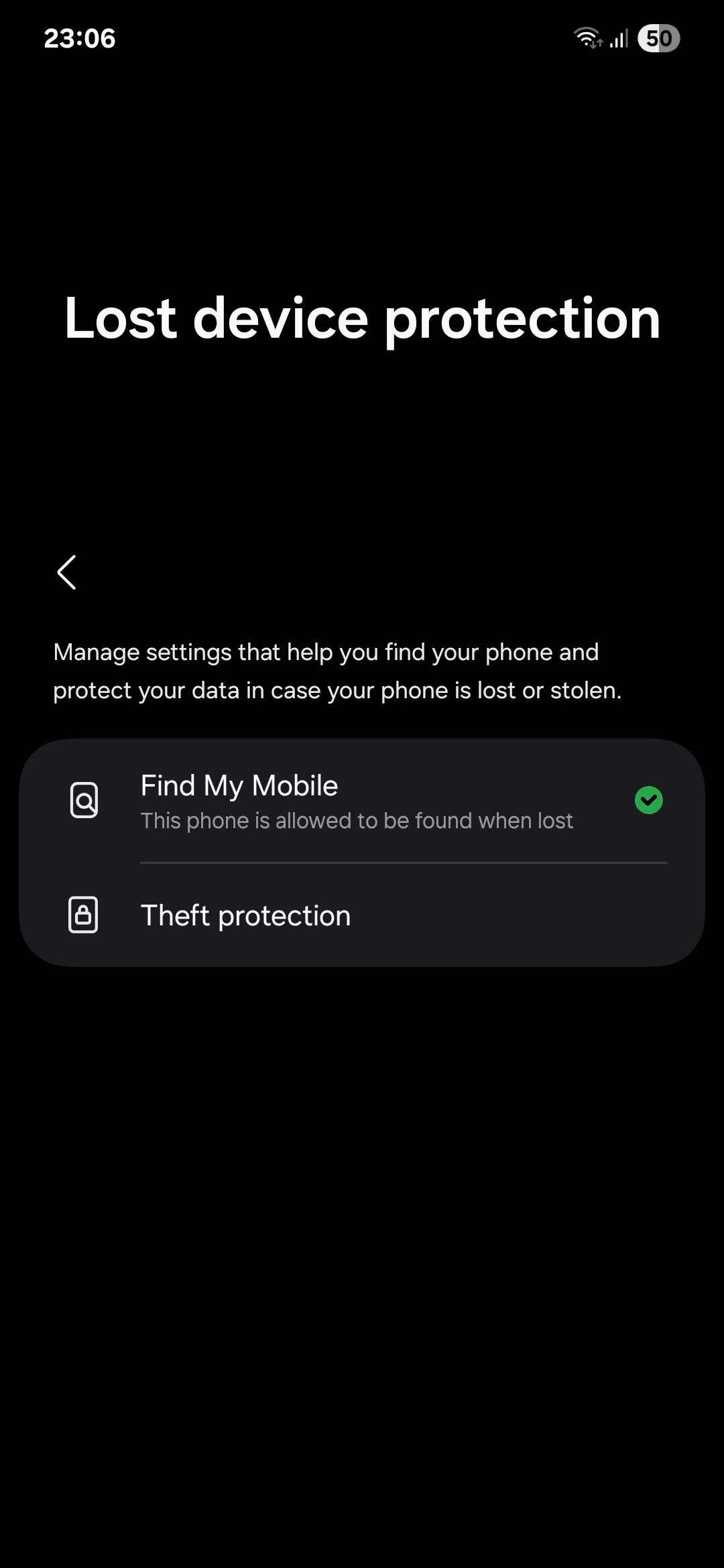 Menu Bảo vệ thiết bị thất lạc trên Samsung, bao gồm các tính năng chống trộm cho điện thoại Android.