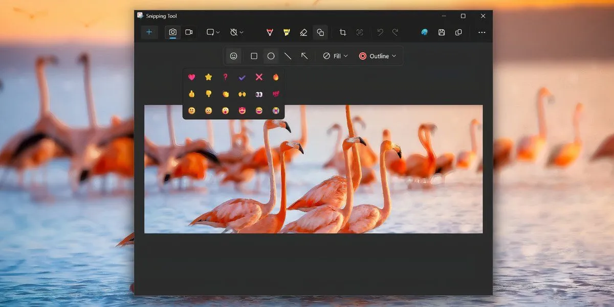 Menu biểu tượng cảm xúc trong tùy chọn Shapes của Snipping Tool Windows 11 để chú thích ảnh