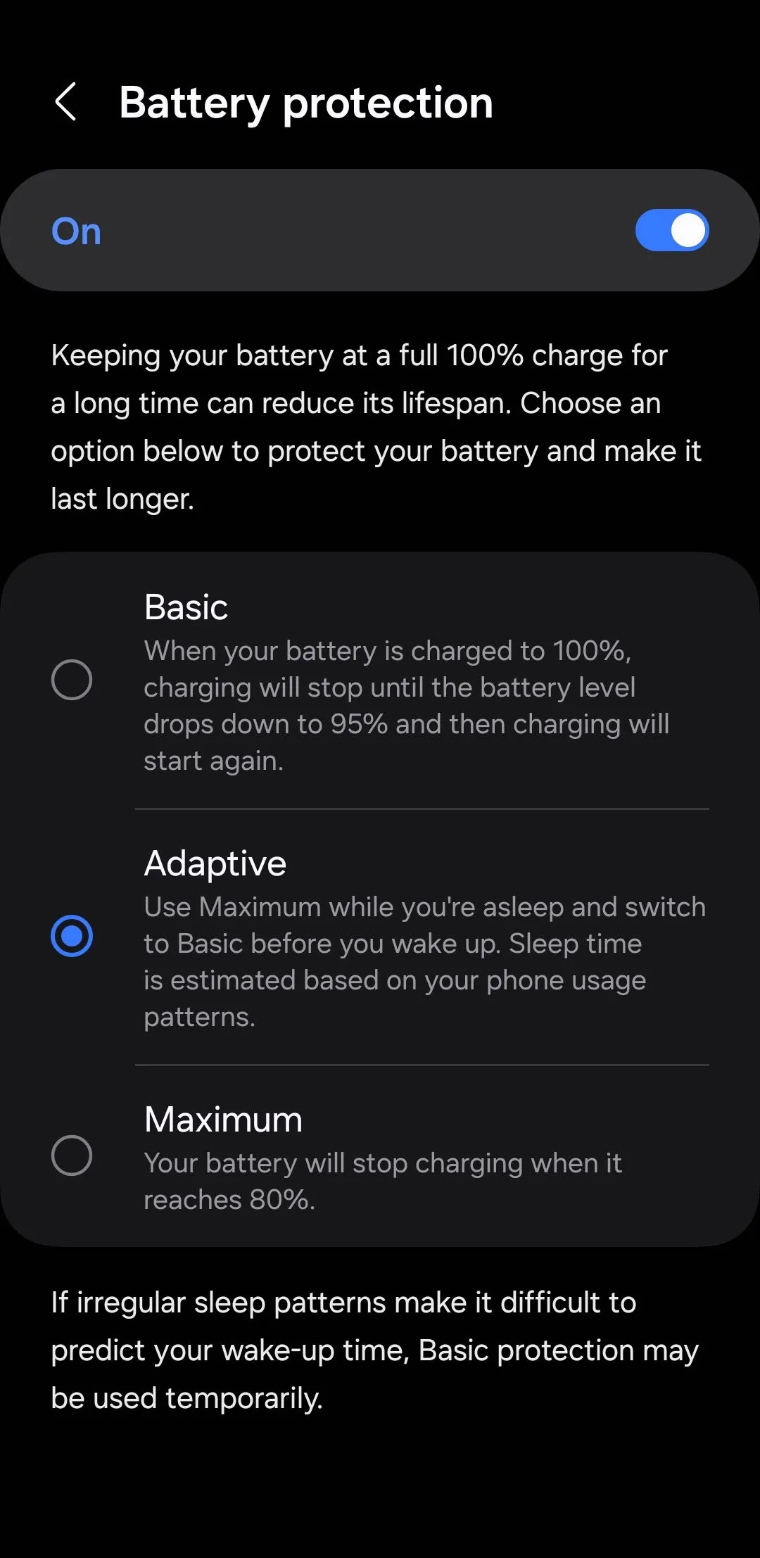 Menu cài đặt bảo vệ pin trên điện thoại Android, bao gồm tính năng giới hạn sạc