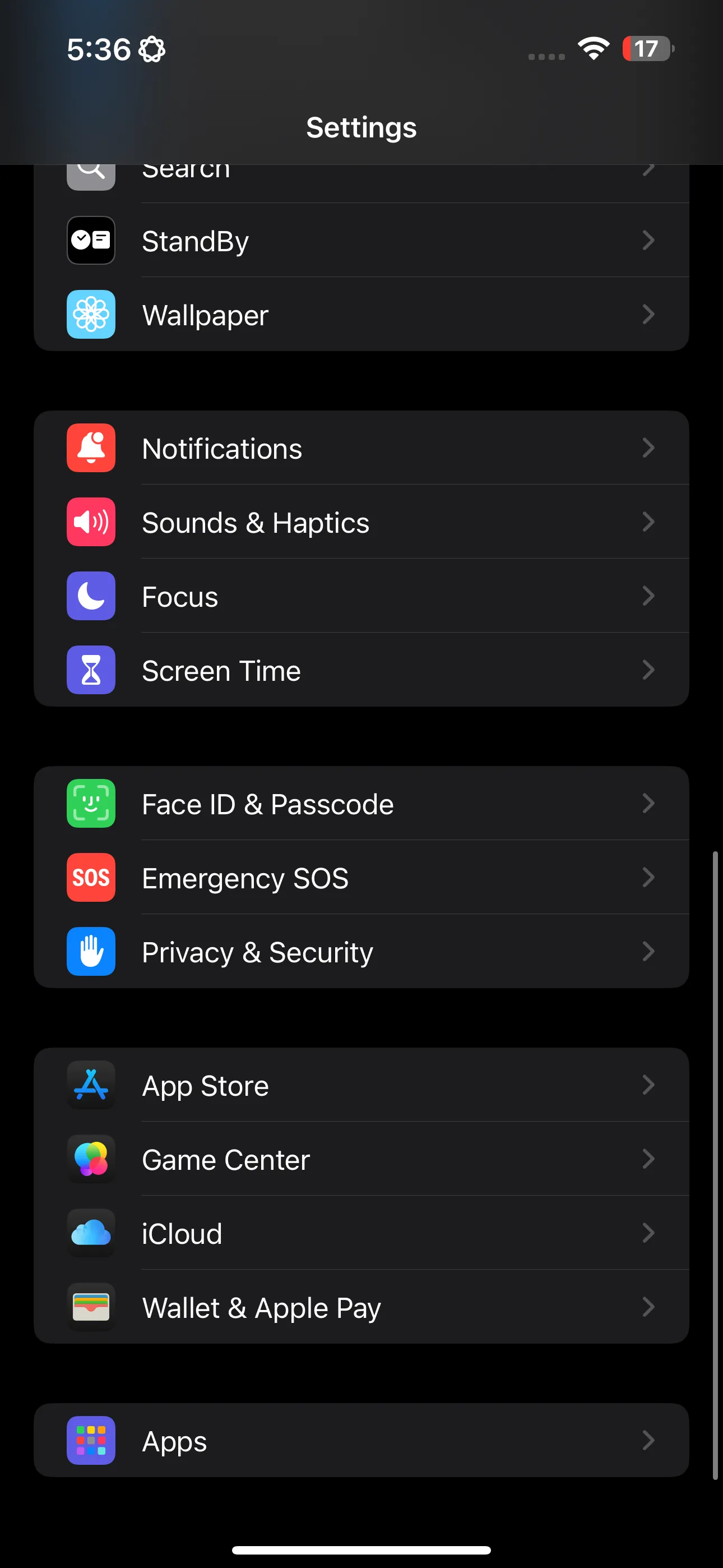 Menu cài đặt chính trên iPhone để tùy chỉnh Chế độ Tập trung