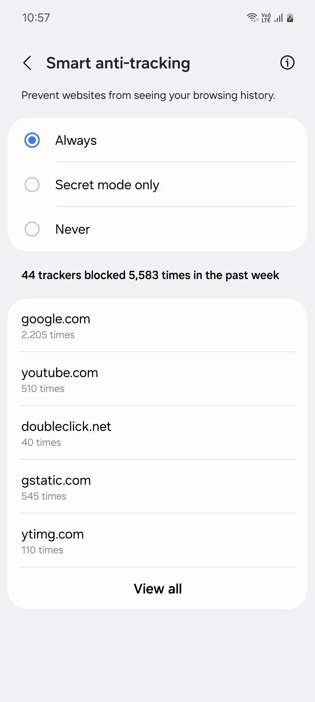Menu cài đặt chống theo dõi thông minh của Samsung Internet
