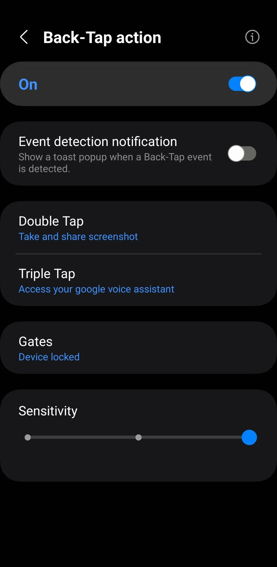 Menu cài đặt cử chỉ gõ mặt lưng (Back Tap) trên điện thoại Samsung qua module RegiStar