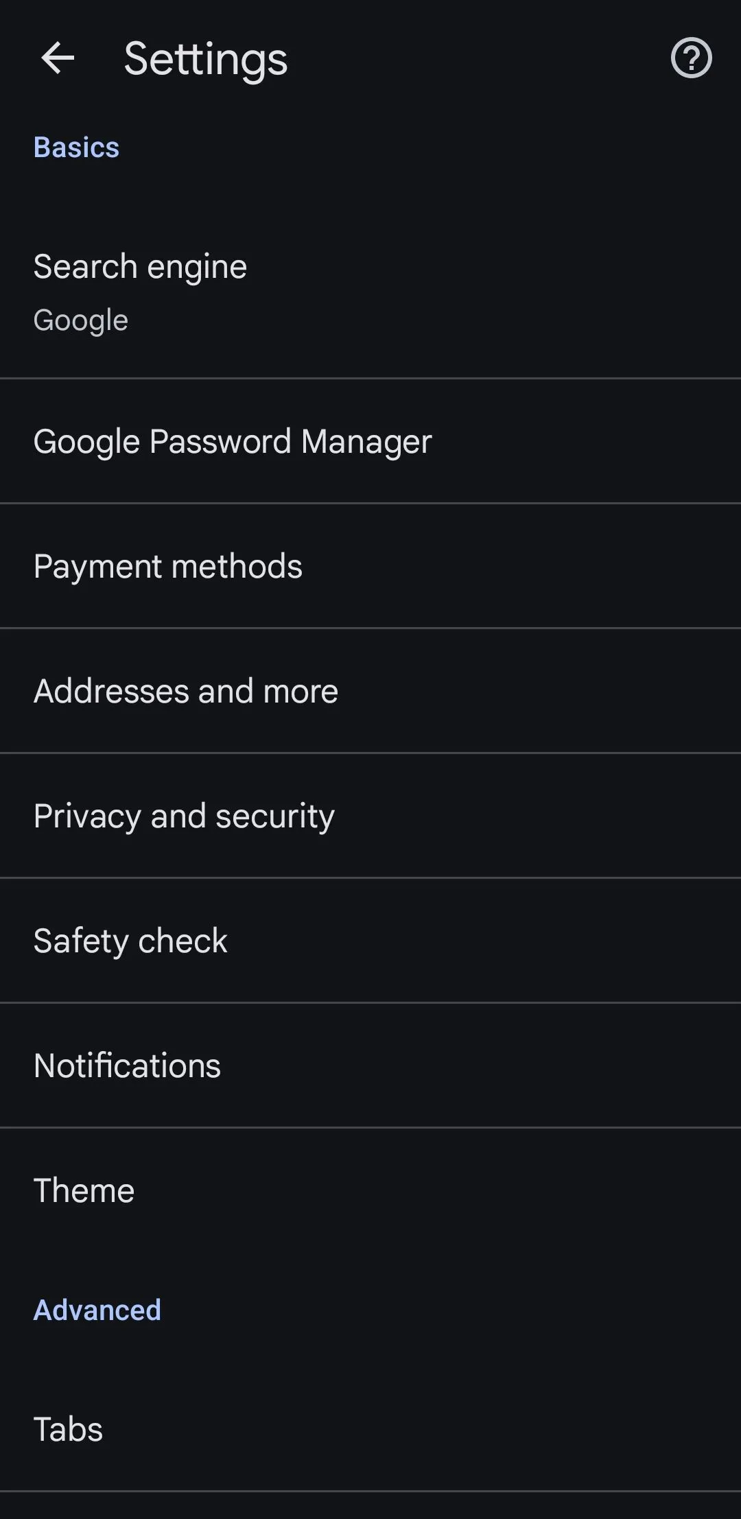 Menu Cài đặt của trình duyệt Google Chrome trên Android, cho thấy các tùy chọn cấu hình và đồng bộ hóa.