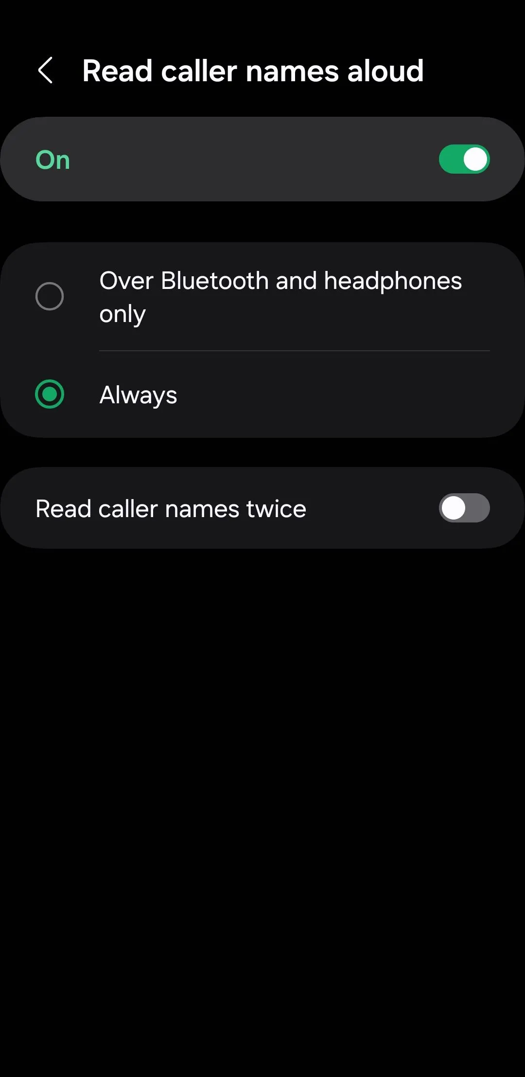 Menu cài đặt đọc tên người gọi đến trên Android, cho phép điện thoại đọc tên người gọi khi có cuộc gọi đến.