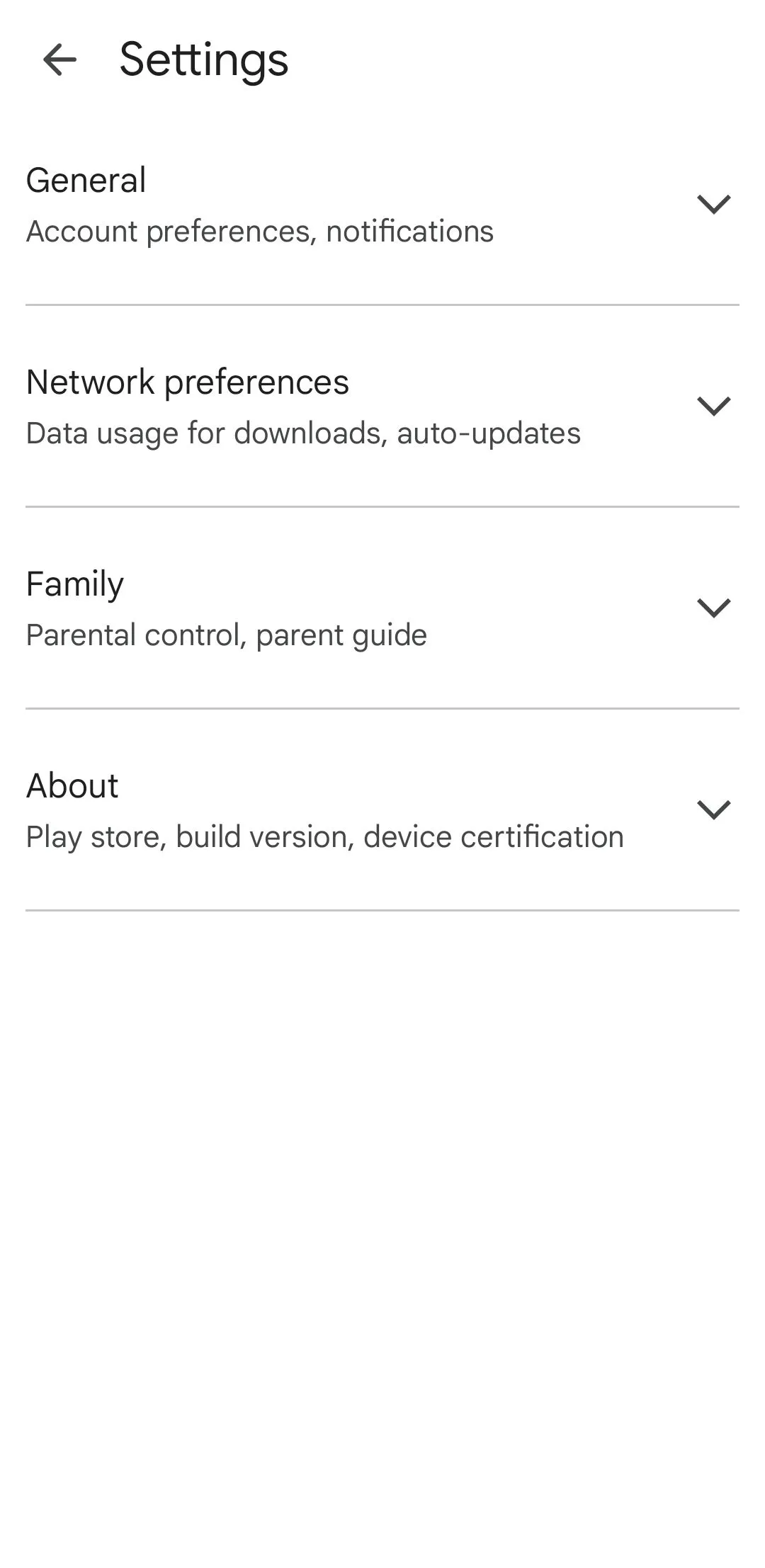 Menu cài đặt Google Play Store trên thiết bị Android