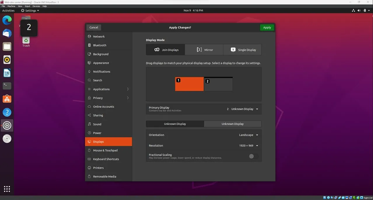 Menu cài đặt hiển thị đa màn hình trên hệ điều hành Linux, cho phép điều chỉnh chế độ và vị trí màn hình.