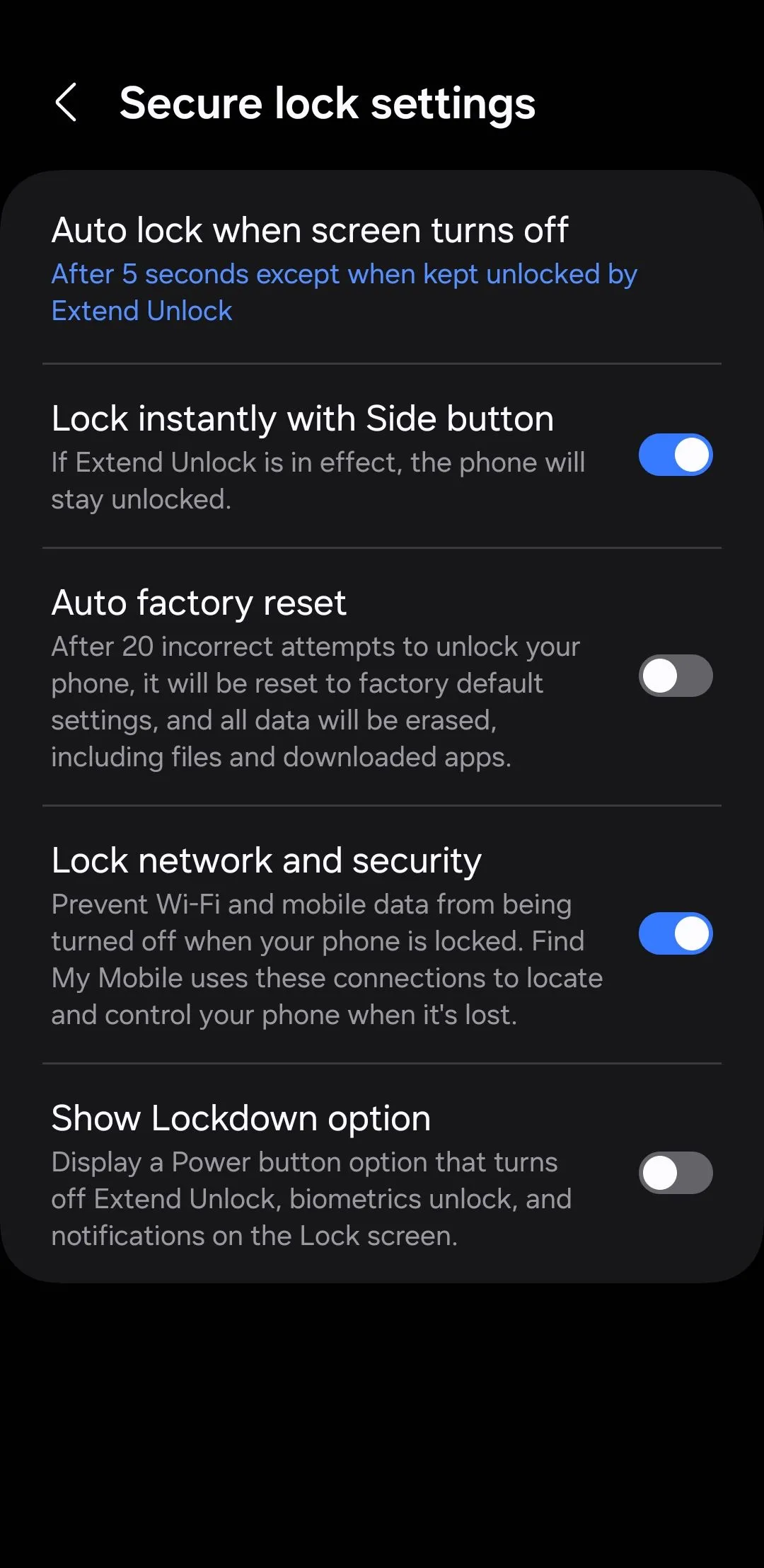 Menu cài đặt khóa bảo mật trên Android, cho phép cấu hình quyền truy cập cài đặt nhanh từ màn hình khóa.