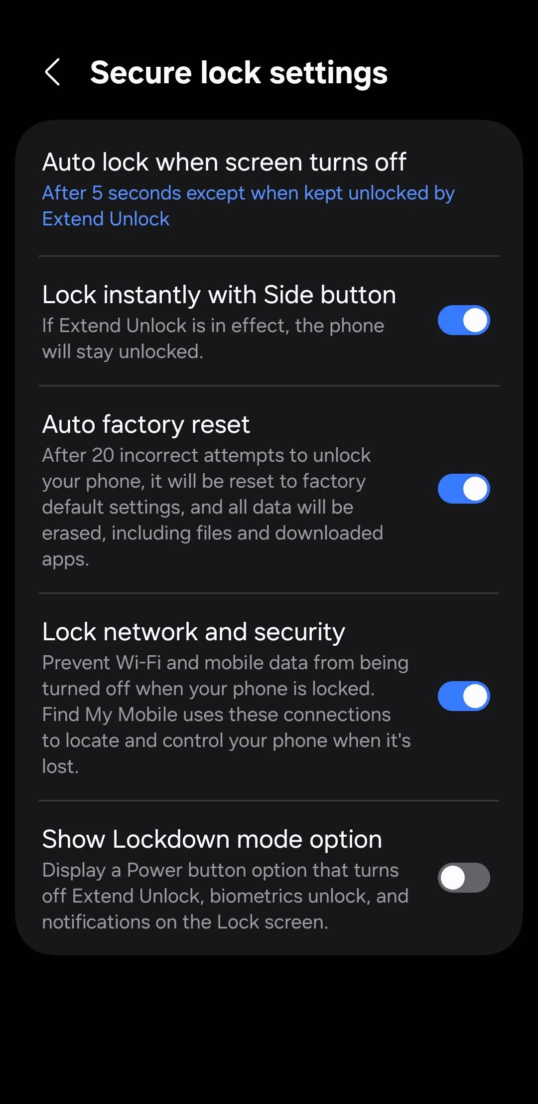 Menu cài đặt khóa bảo mật trên điện thoại Android để tăng cường an toàn thiết bị