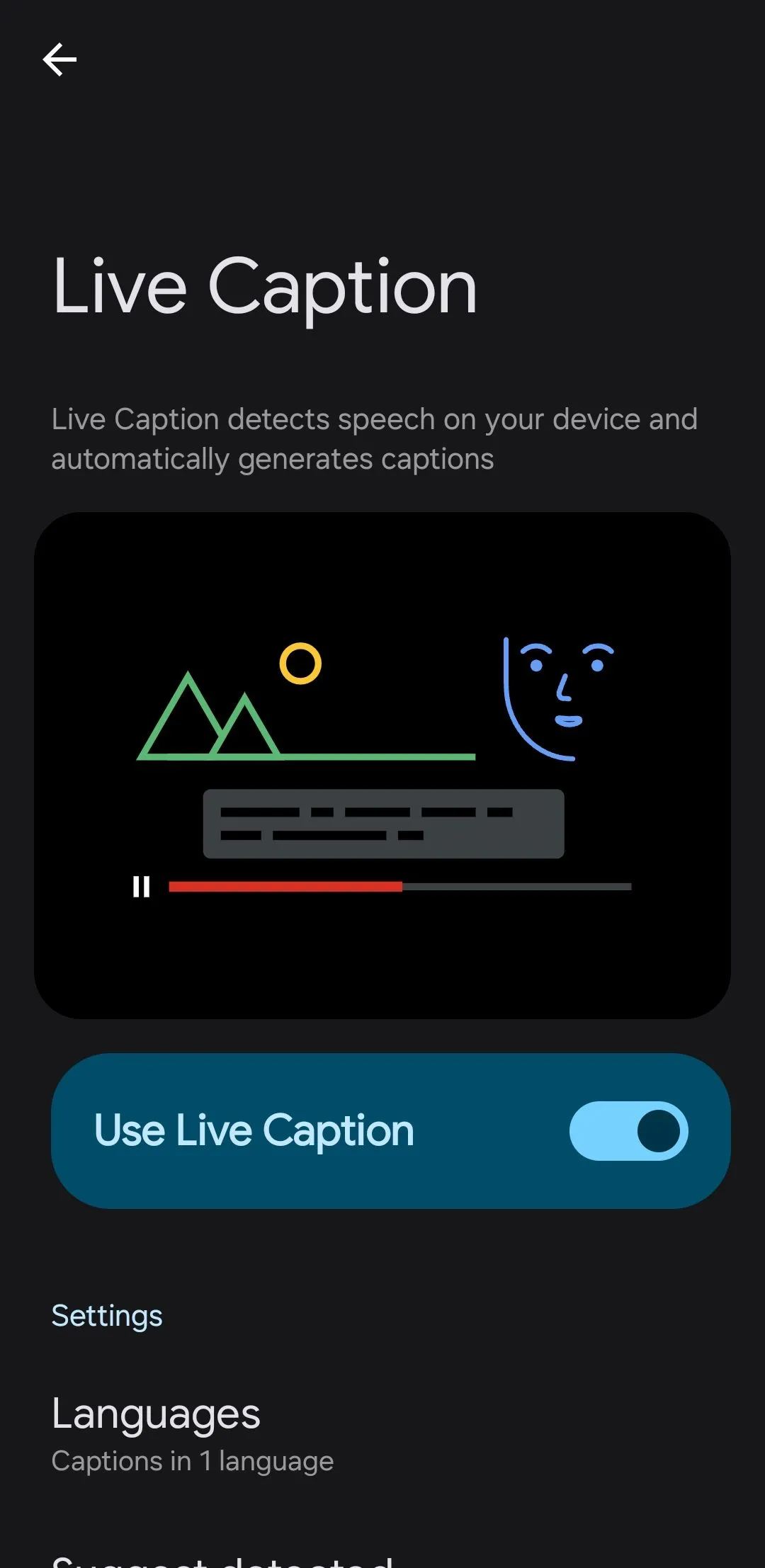Menu cài đặt Live Caption (Phụ đề Trực tiếp) trên điện thoại Android, cho phép bật hoặc tắt tính năng.