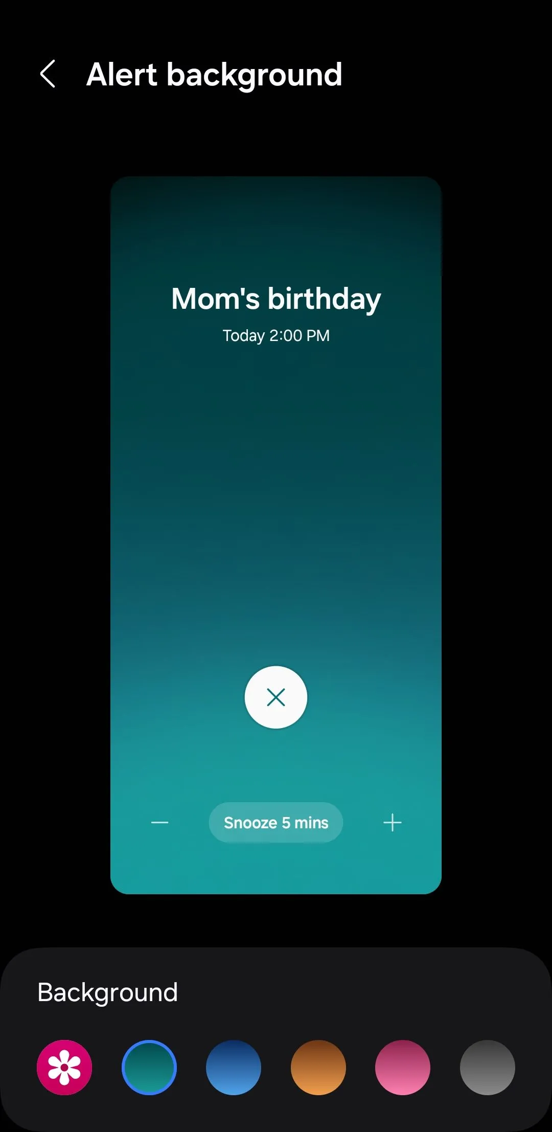 Menu cài đặt nền cảnh báo (Alert background) trong ứng dụng Lịch Samsung
