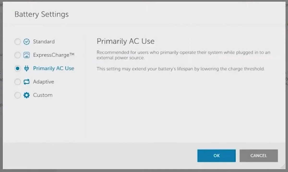 Menu cài đặt pin trong ứng dụng Dell Power Manager, với tùy chọn Sử dụng AC chính (Primarily AC Use) để giới hạn sạc pin laptop Dell.