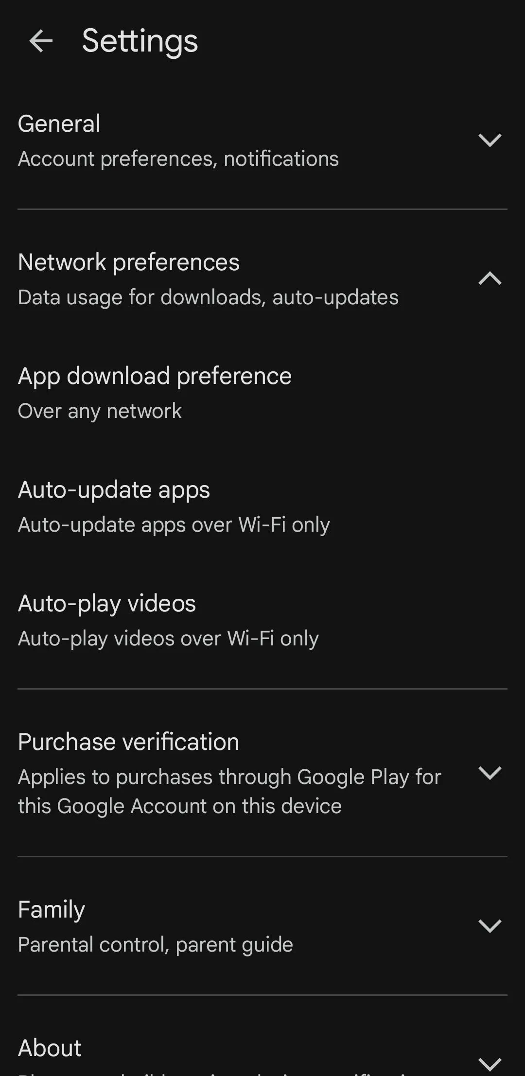 Menu cài đặt Play Store trên điện thoại Samsung