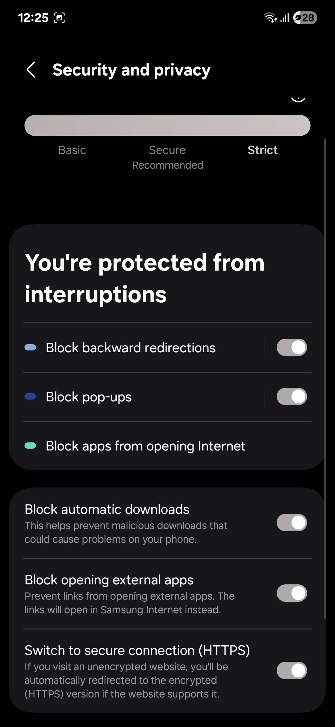 Menu cài đặt quyền riêng tư của Samsung Internet với tùy chọn chế độ bí mật (Secret mode)