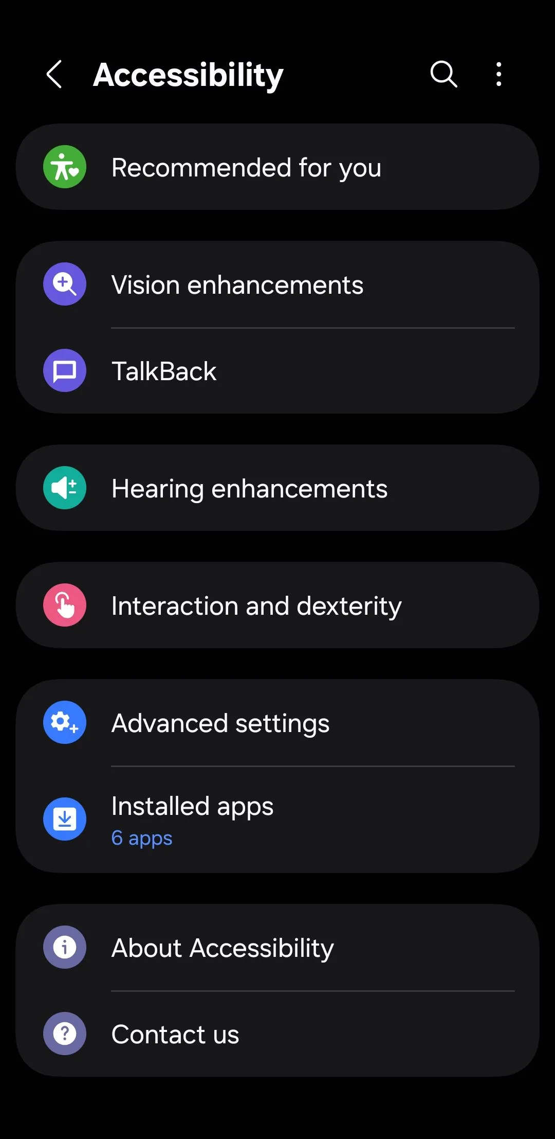menu cài đặt trợ năng trên điện thoại Android