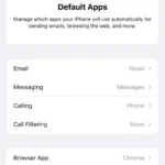 Menu cài đặt ứng dụng mặc định trên iPhone cho phép người dùng thay đổi trình duyệt web, email và các ứng dụng khác.