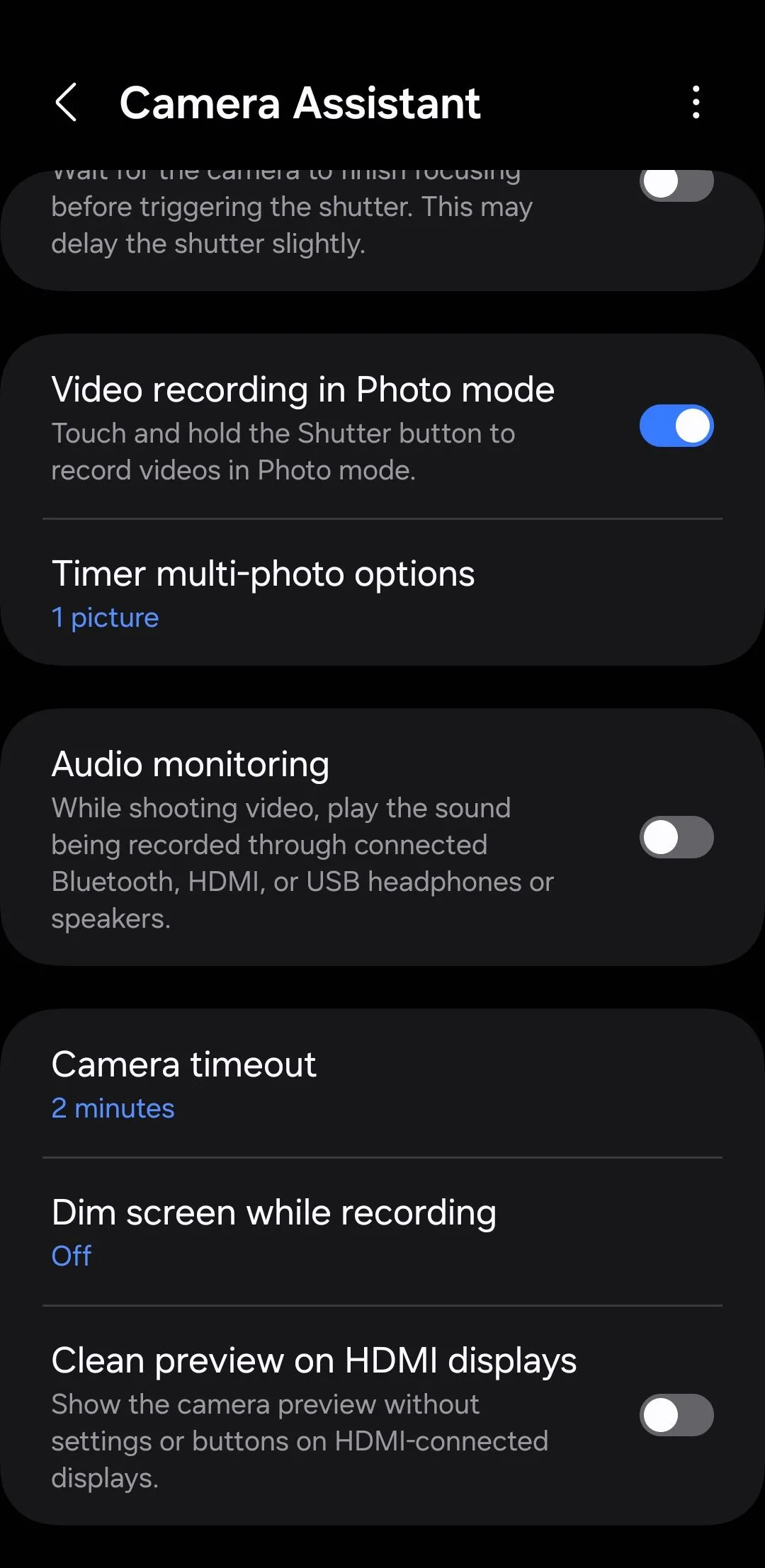 Menu cài đặt và tính năng của module Camera Assistant trên ứng dụng máy ảnh Samsung