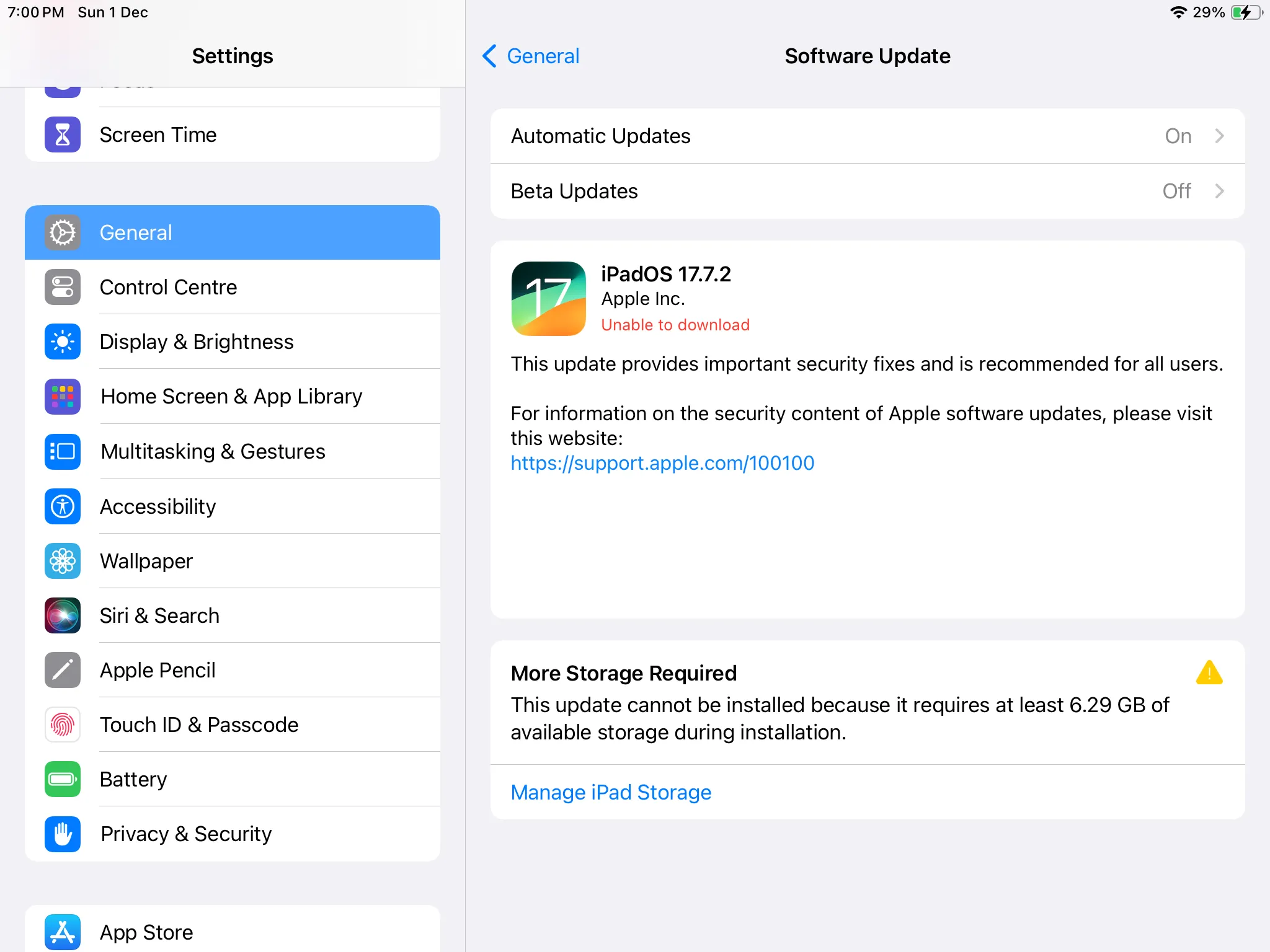 Menu Cập Nhật Phần Mềm iPadOS Hiển Thị Phiên Bản iPadOS 17 Mới Sẵn Có