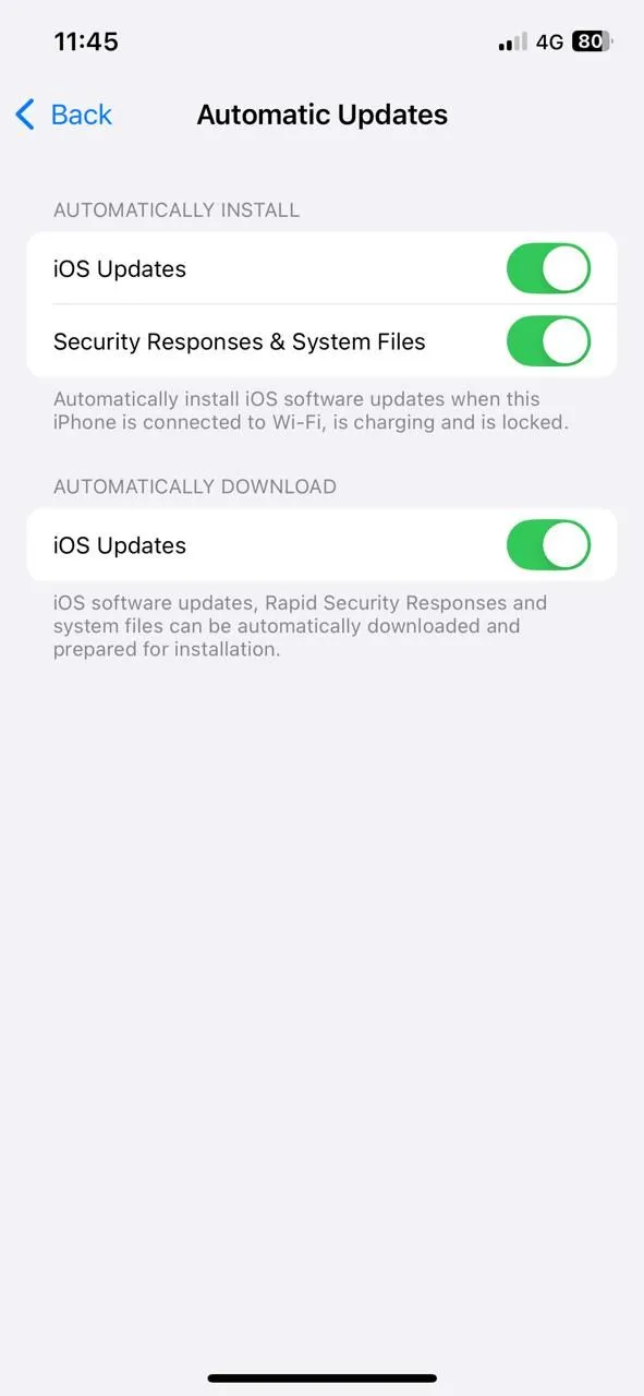 Menu Cập nhật phần mềm trên iPhone, hiển thị tùy chọn Cập nhật tự động để duy trì bảo mật